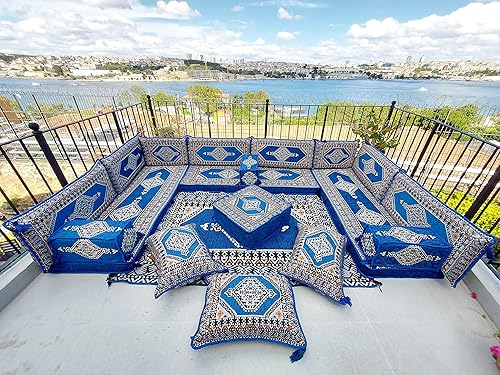 Miniatura 2 de arabicsofa Juego de sofá árabe en forma de U – Asientos modulares de piso azul real para habitación de invitados