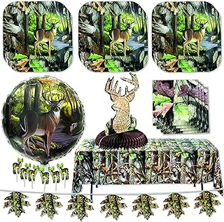 Havercamp BUCK & Hunting Camo Premium Party Kit for 16 with Table Cover! Includes BUCK 9 Dinner Plates, Napkins, 18 BUCK Mylar Balloon, Buck Centerpiece, Buck Party Picks, 12 ft Banner