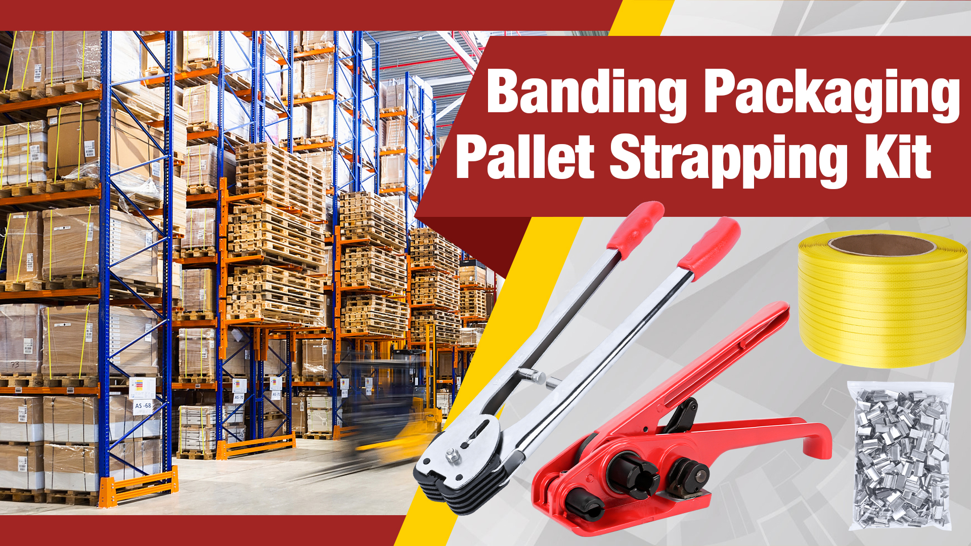 Image of MYFAMIREA Heavy Duty Banding Strapping Kit with Tensioner Tool, 1 /2 inchx 3500FT Polypropylene Plastic Packaging Strapping, 300 Metal Seals, Sealer Tool for Pallets, Logistics, Warehouse (Red)