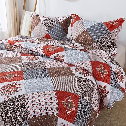 Miniatura 4 de Travan Juego de colcha de 3 piezas con estampado floral, colcha súper suave, ligera, reversible, acolchada, con fundas de almohada, color rojo,
