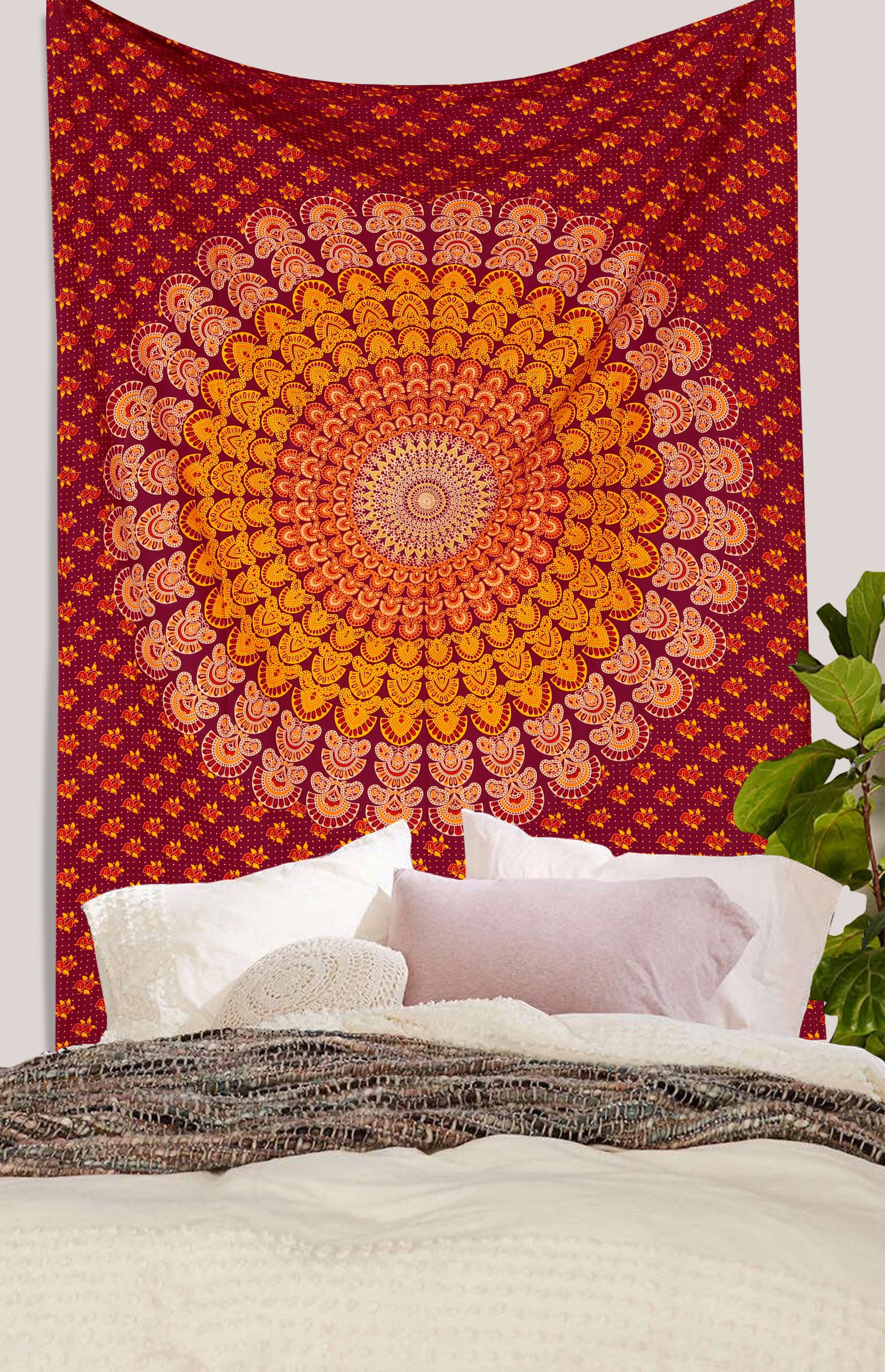 Pure Comfort Lotus Hippie Mandala Intricate Floral Design Bedspread Tapestry (Red)-image-35