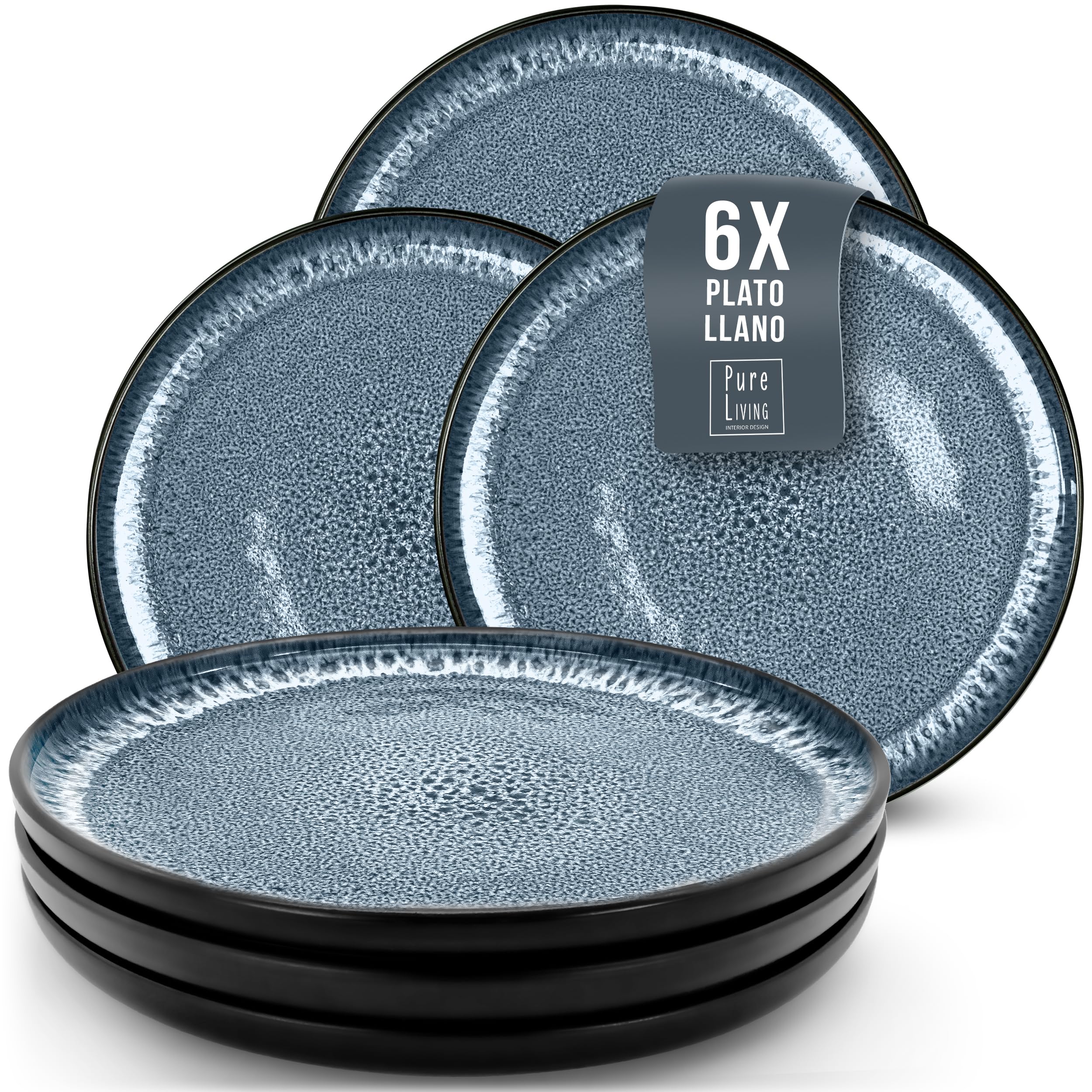 Juego de 6 Platos Grandes de Gres Ibiza - Elegantes Platos para Comida, Apto para Lavavajillas y Microondas - Set de Vajilla para 6 Personas - Pure Living en azul humo