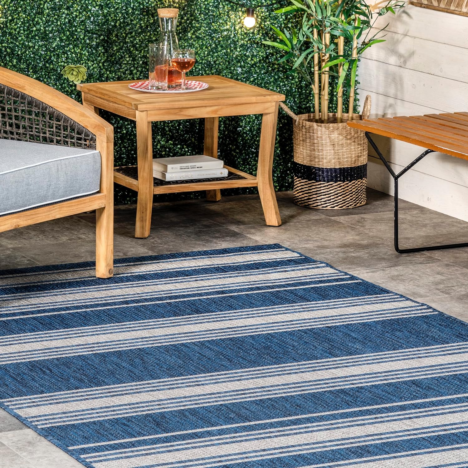Rugs USA Romy Blue/Ivory, 2' x 8', Striped, Soft and Cozy, High Traffic, Stain Resistant, Easy Clean, Durable Runner for Indoor/Outdoor Patio, Deck, Porch, Garden, Courtyard