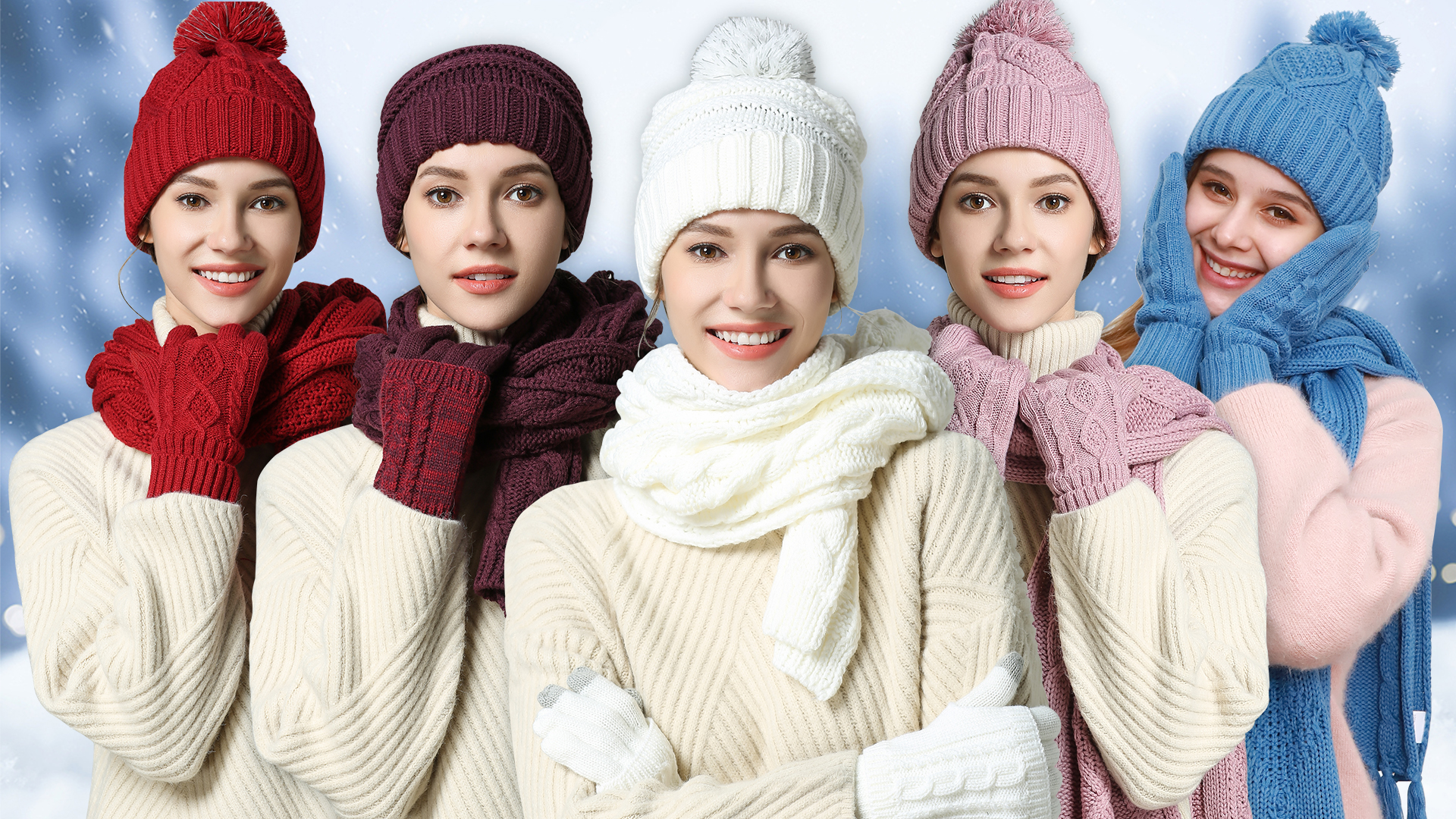 Ensemble Bonnet écharpe Gants Femme Hiver - Tricot épais Avec Pompons, Couleurs Assorties | Pour Froid, Plein Air, Quotidien