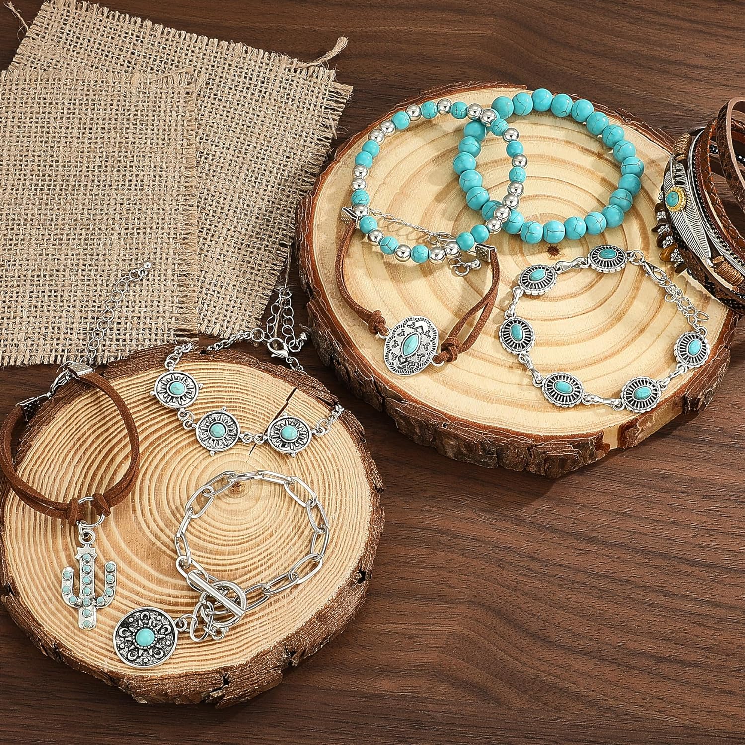 Bohemian Turquoise Jewelry Set for Women Boho Turquoise Layered Necklace Bracelet Western Belt Stackable Ring Earrings Western Jewelry Accessories - Image 7