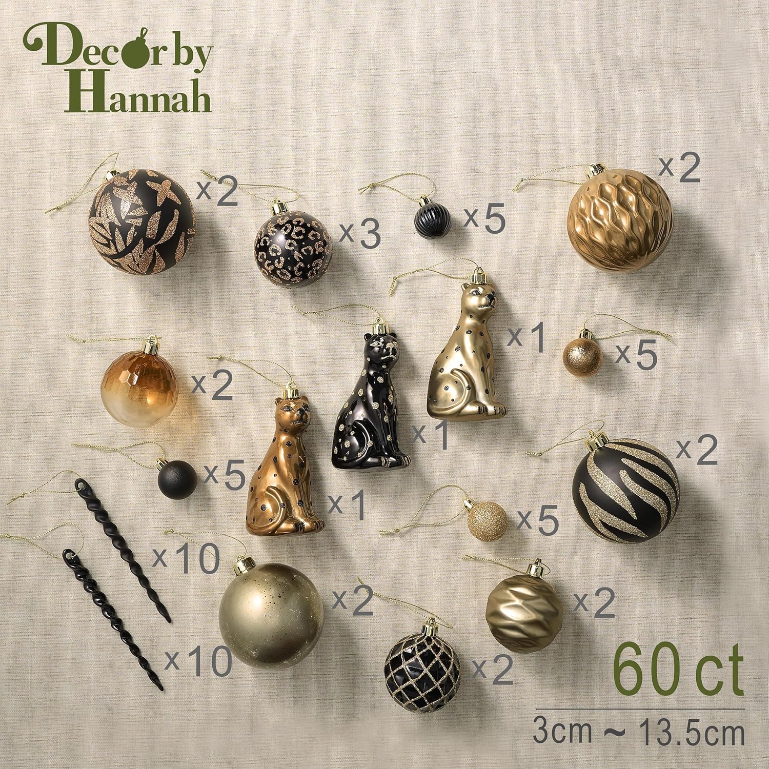 DecorbyHannah Black Gold Christmas Ornaments Set, 60ct Shatterproof Leopard Cheetah Print Christmas Ornaments for Xmas Tree, Assorted Decorative Hanging Plastic Ball Bulk for Xmas Home Party Decor