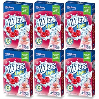 Wylers Light Singles To Go Drink Mix, Raspberry, 6 Pack 48 Drink Sticks Total