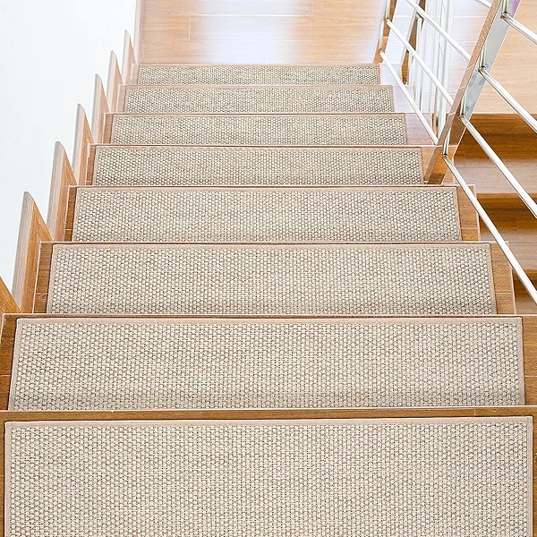 yanduxia Non Slip Stair Treads for Wooden Stairs, 8" x 30" Staircase Step Treads, 100% Linen, Reusable Adhesive, Indoor, for Kids, Seniors & Dogs(Beige, 15pcs)