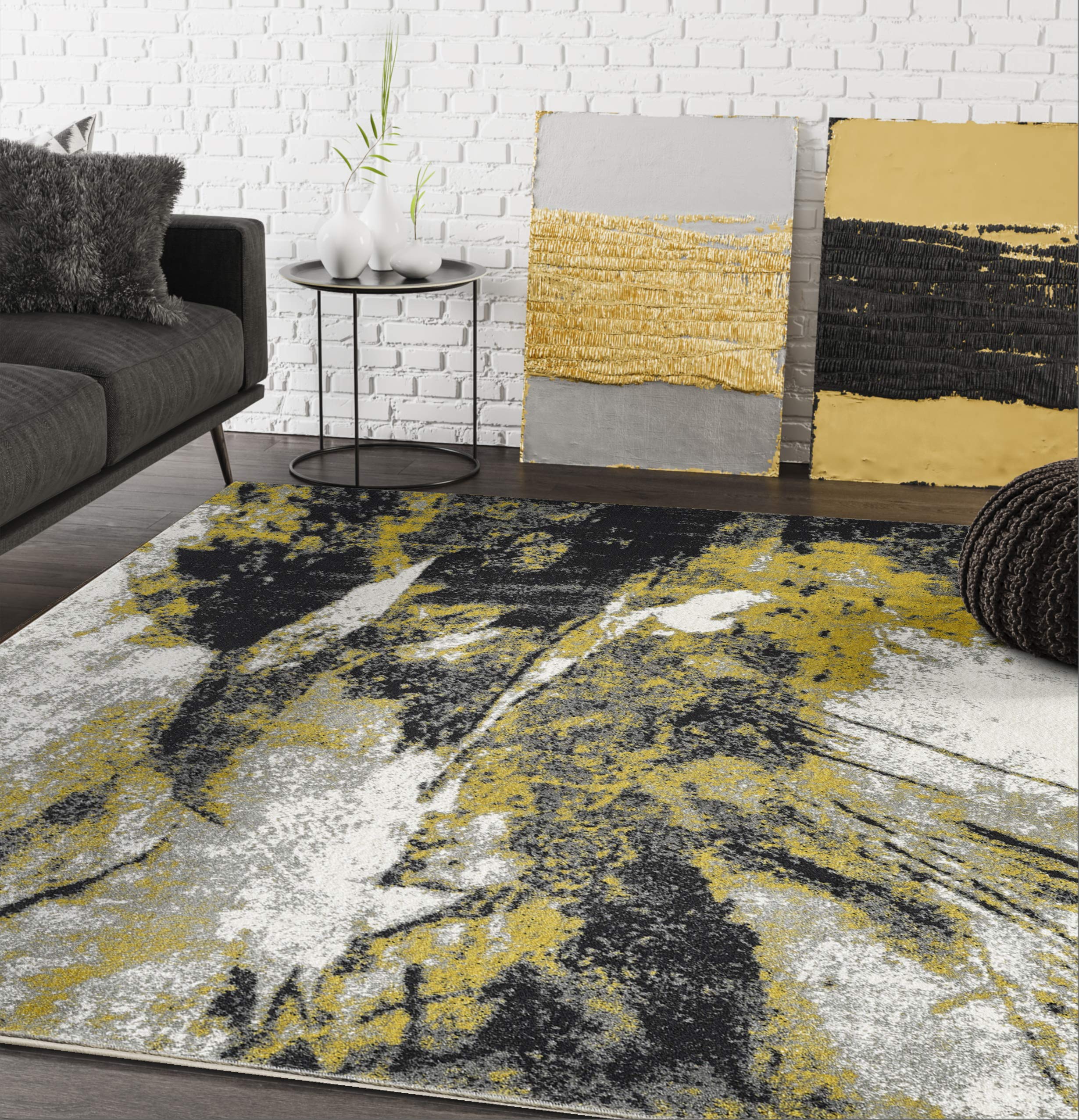 Abani Contemporary Abstract Turkish Area Rug, Laguna Collection Grey & Yellow Modern 6' x 9' Rectangle Accent Rugs