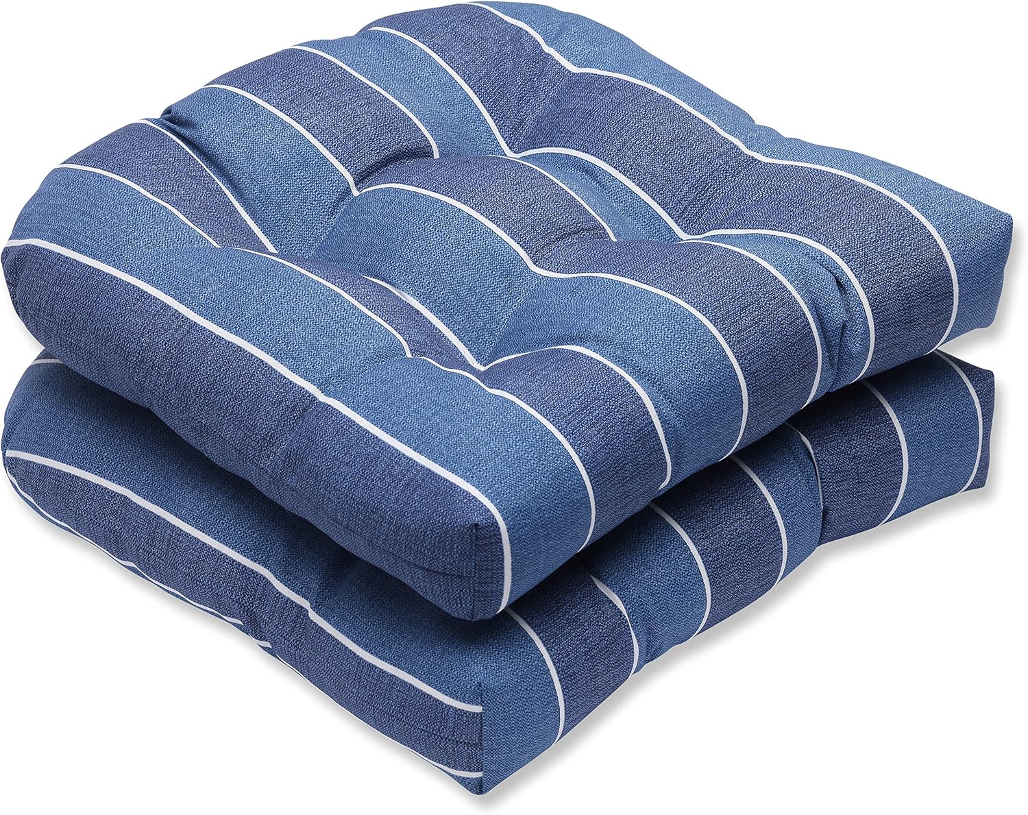 Pillow Perfect Stripe Indoor/Outdoor Chair Seat Cushion, Tufted, Weather, and Fade Resistant, 19" x 19", Blue/White Wickenburg, 2 Count Round Corner - 19" x 19" Blue/White Wickenburg
