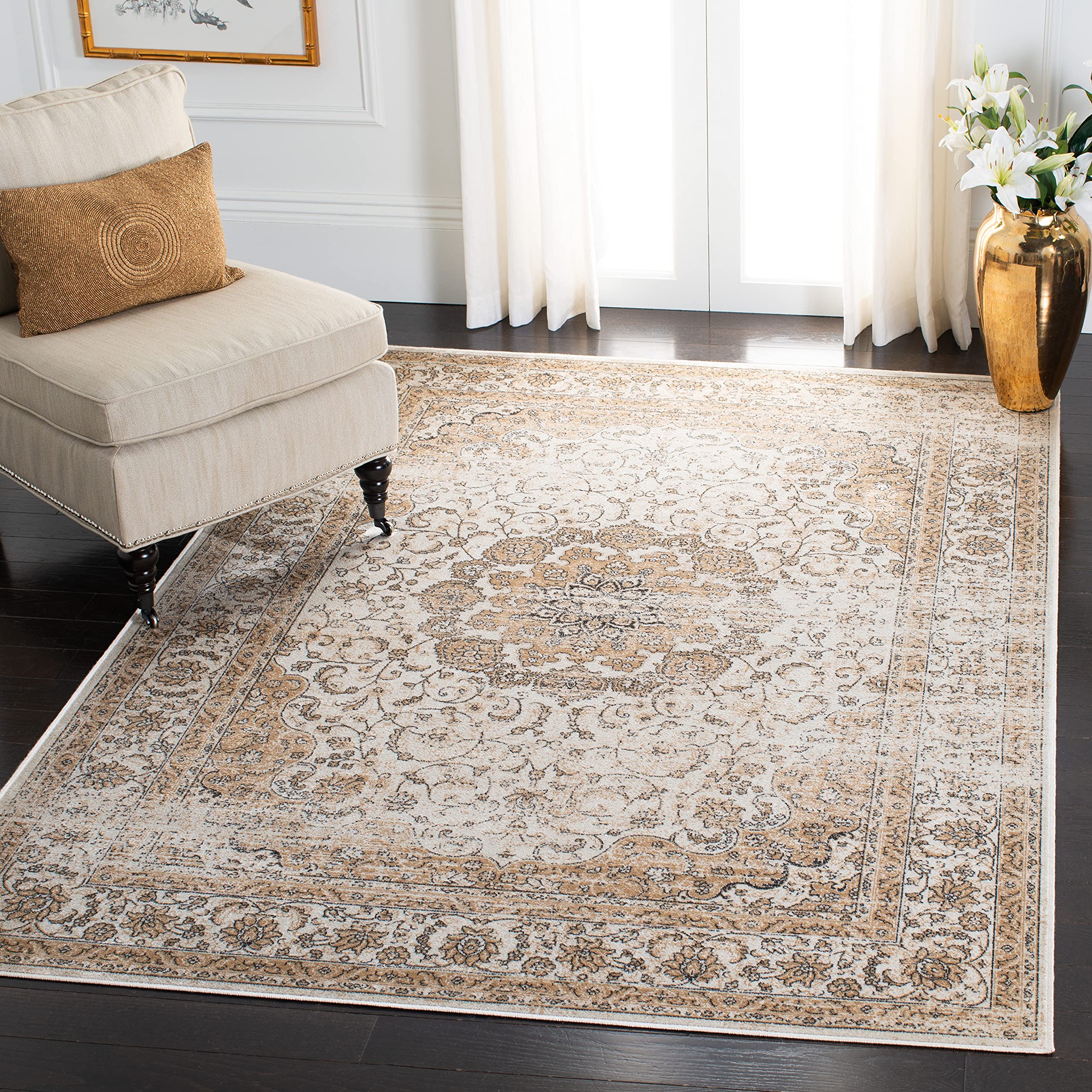 SAFAVIEH Traditionell Teppich für Wohnzimmer, Esszimmer, Schlafzimmer - Atlas Collection, Kurzer Flor, Elfenbein und Beige, 99 X 160 cm