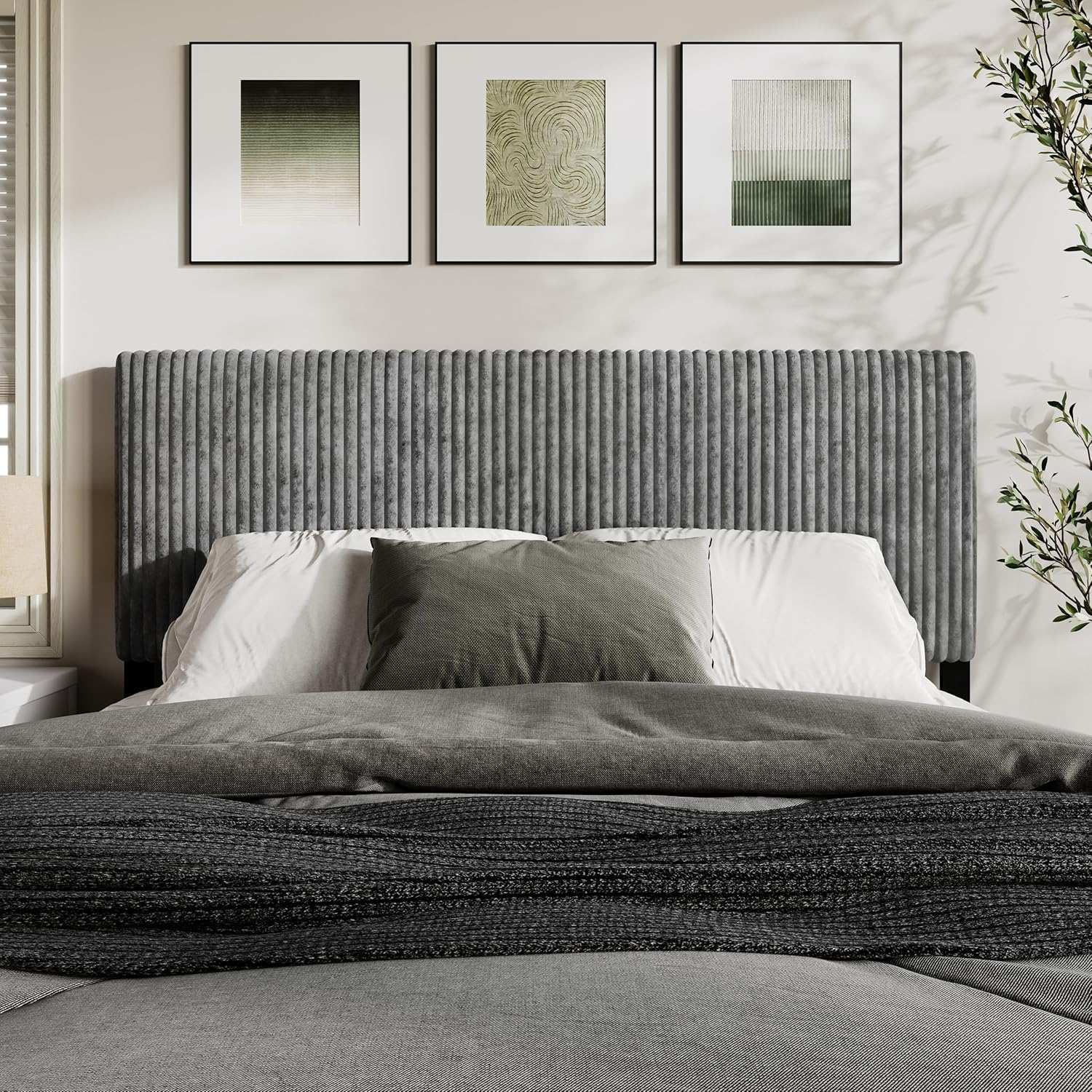HOME DESIGN Romney Queen Upholstered Headboard with Vertical Channel Tufting, Adjustable Height, Gray