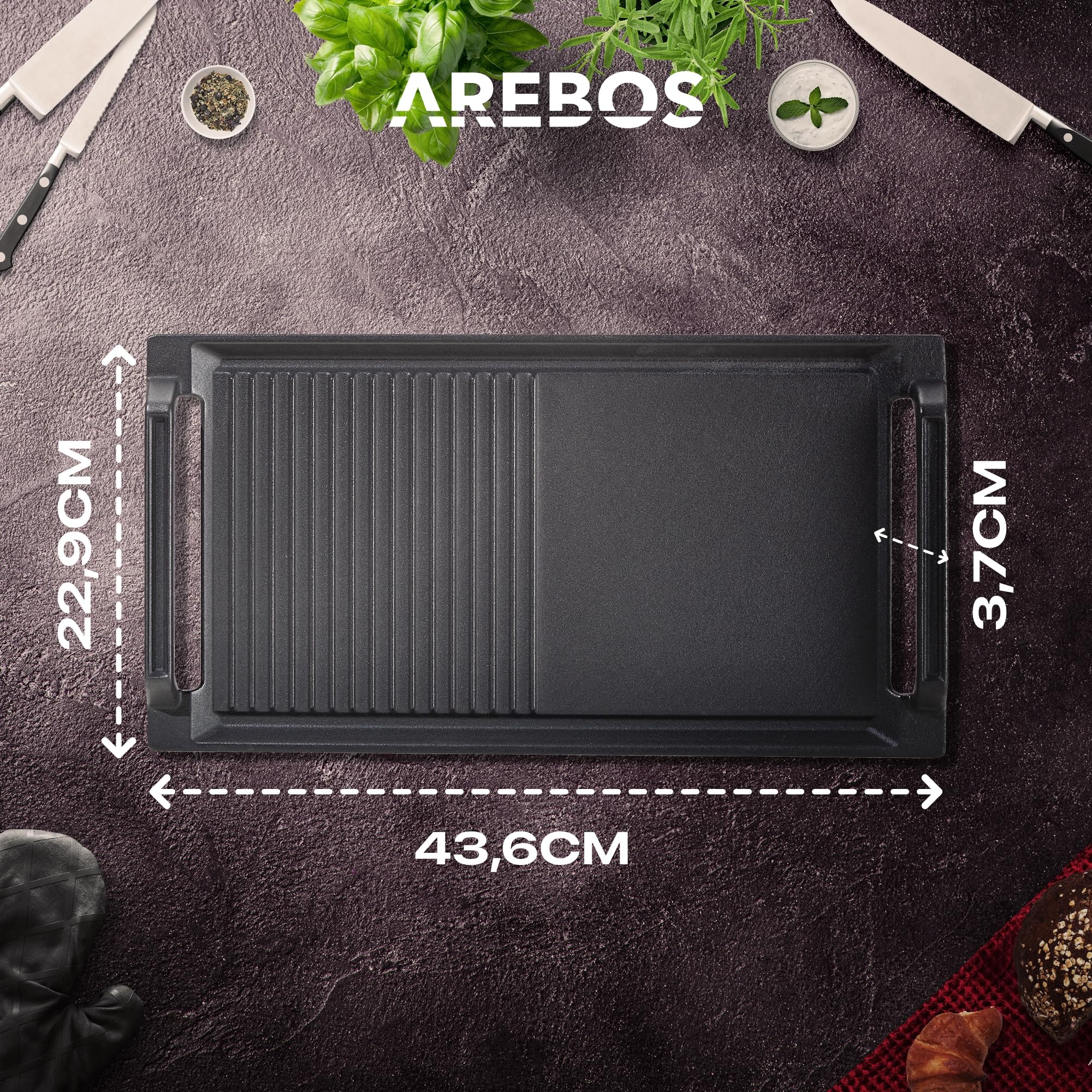 Arebos Placa de parrilla para inducción | Placa de freír de 17.2 x 9 pulgadas | Hierro fundido especialmente para cocinas de inducción | con base antiadherente resistente a los arañazos |