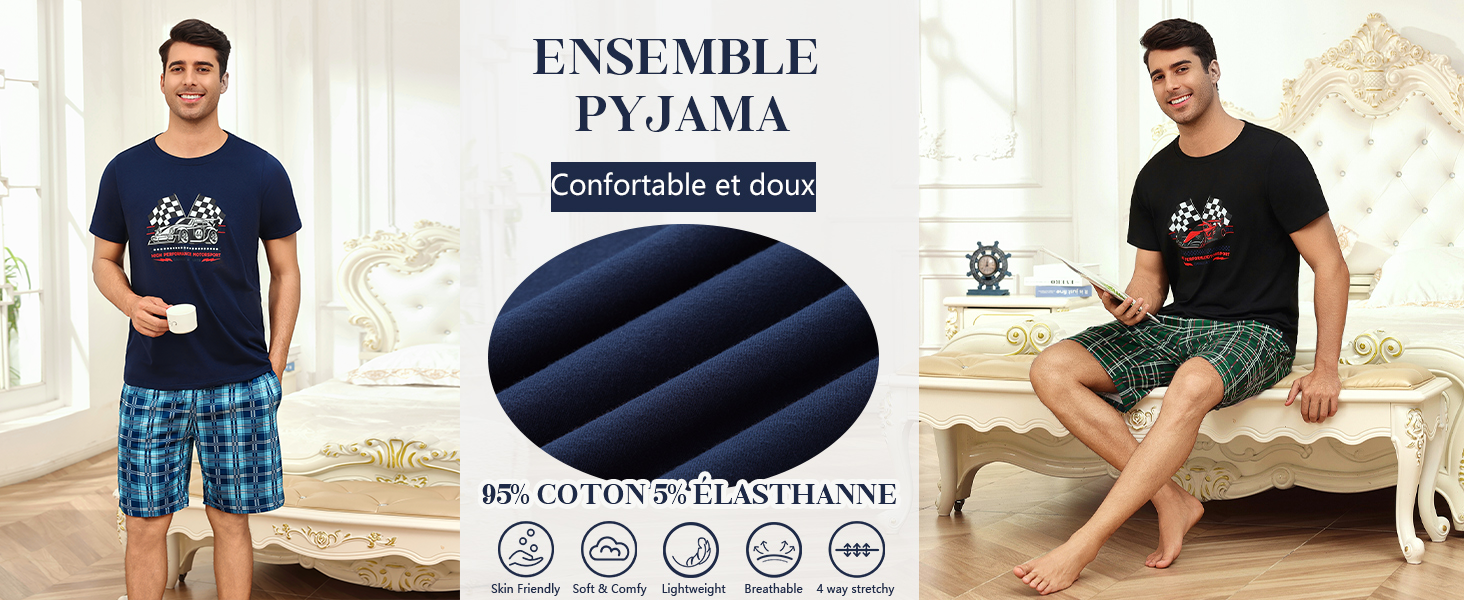 Ensemble Pyjama Homme Court Été Coton - Manches Courtes Avec Poche, Ultra Doux Et Respirant