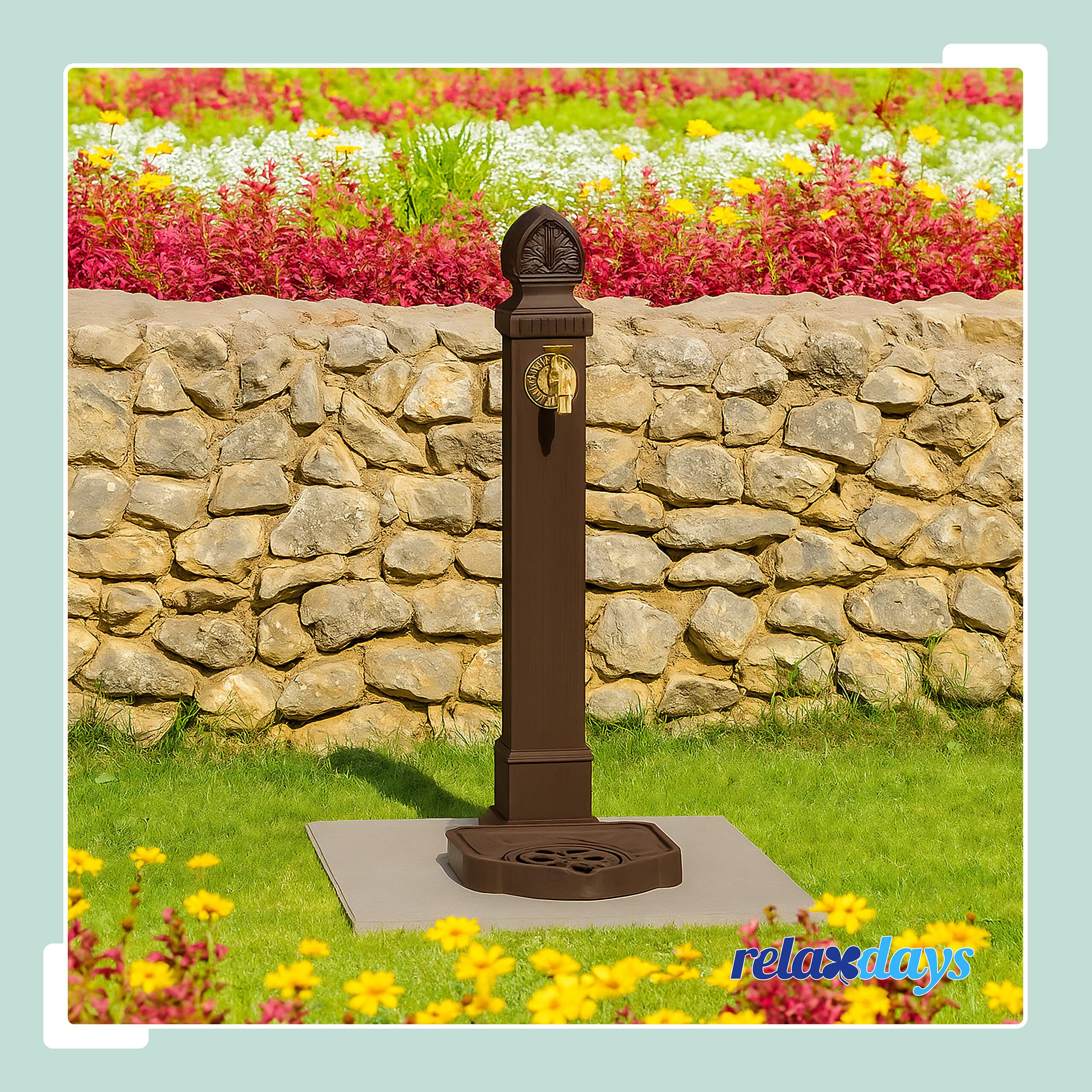 Relaxdays Standbrunnen antik, mit Wasserhahn & Becken, HxBxT: 77x29x33,5 cm, Wasserzapfsäule Garten, Terrasse, braun