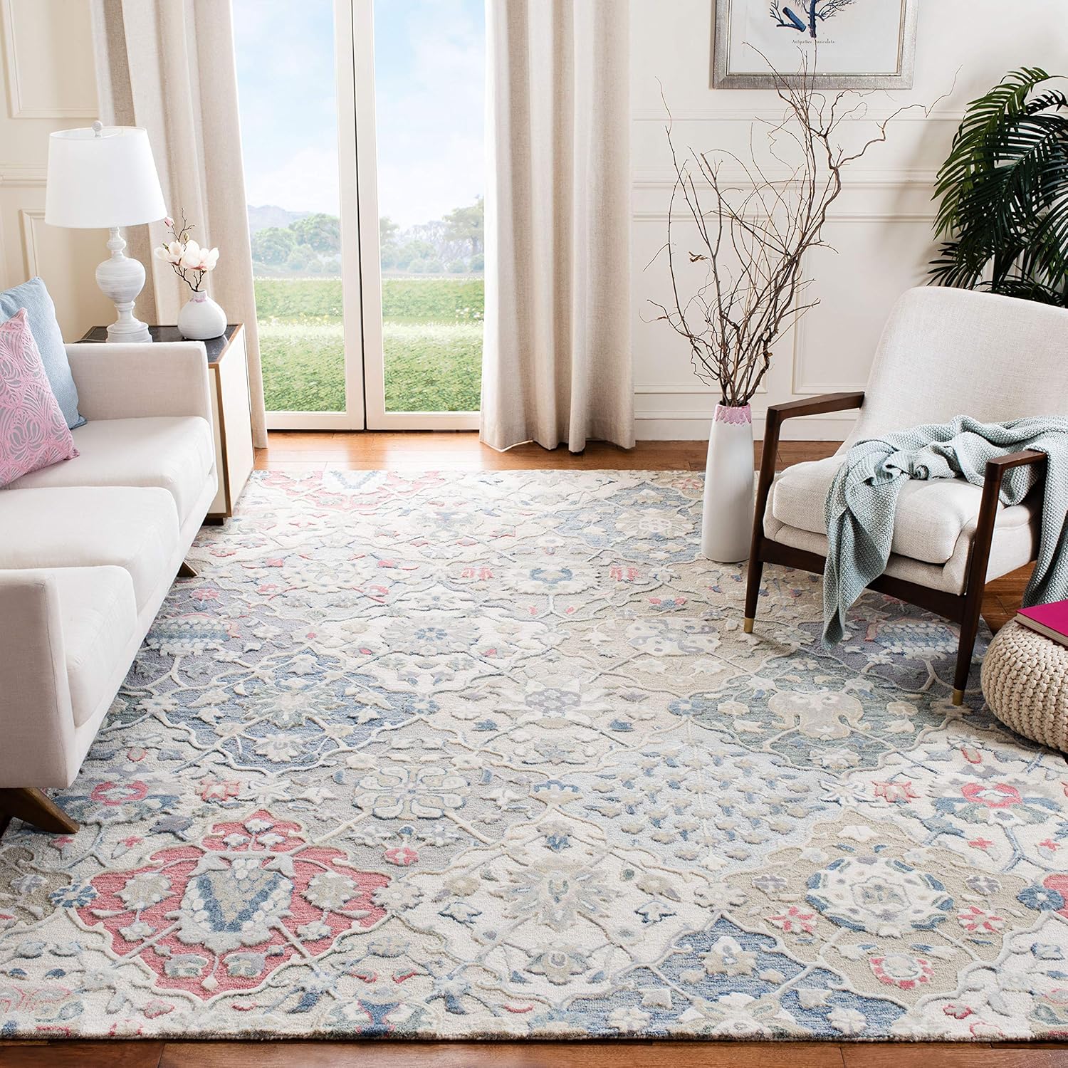 Beige and Blue 9' x 12' Hand-Tufted Wool Area Rug