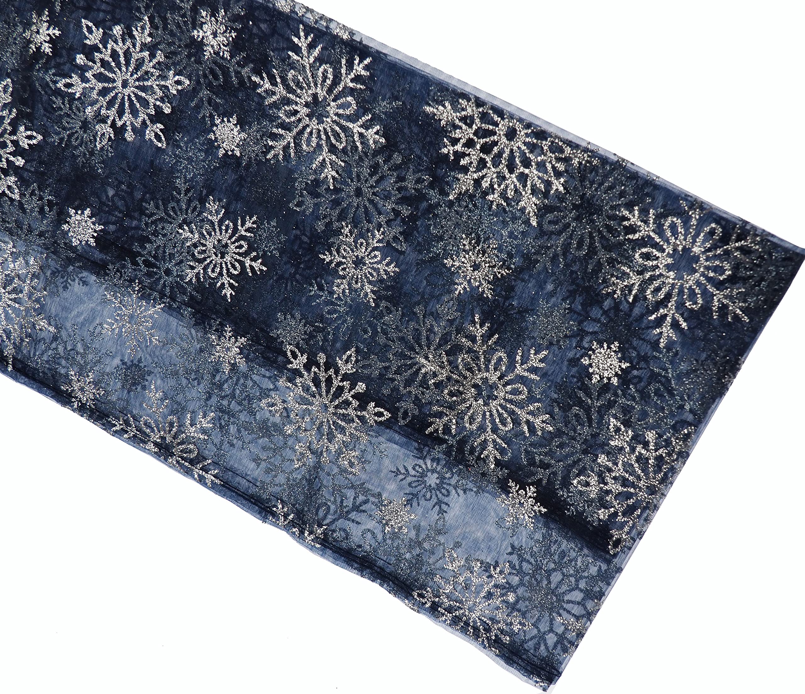 Davies Sheer Voile Christmas Table Runner - 150 X 32cm - Navy Blue Silver Snowflakes