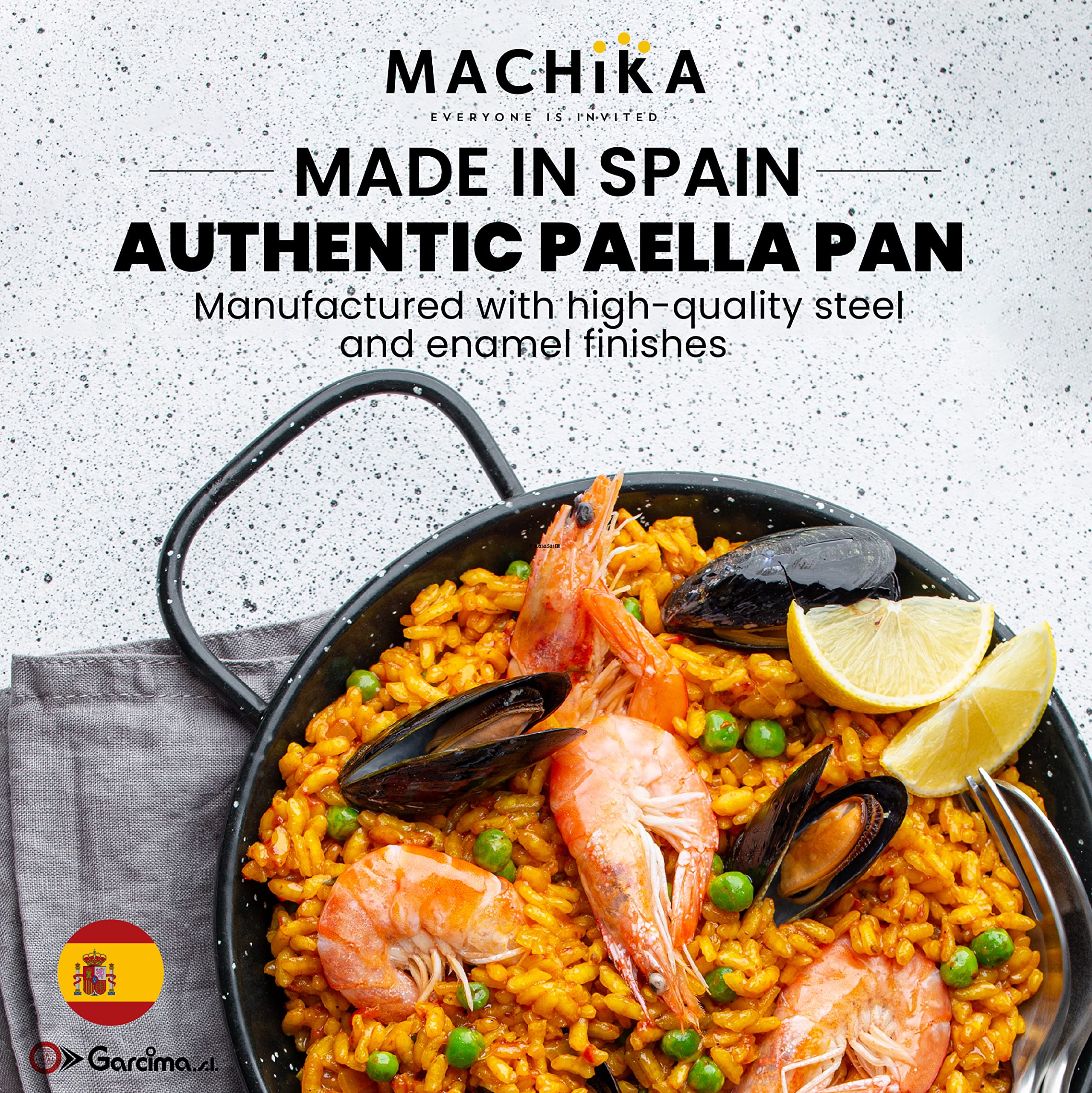 Machika Paellera esmaltada | Paellera | Sartén para recetas de paella y arroz | Perfecto para interiores y exteriores | Fácil limpieza | Revestimiento a prueba de óxido | 16 porciones | 22 pulgadas |