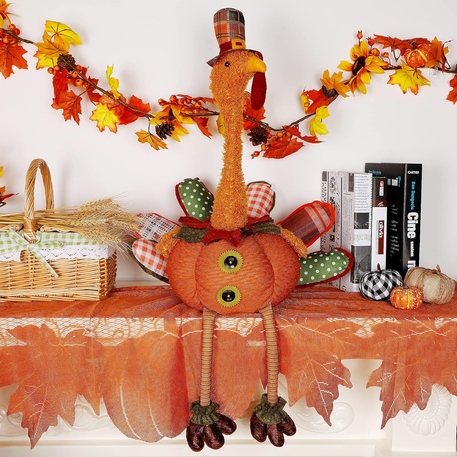 Juegoal Thanksgiving Turkey Decoration, 32 Inch Tabletop Retractable Neck Plush Turkeys Figurine, Table Decorative Male Turkey for Autumn Fall Thanksgiving Harvest Halloween Home Decorations