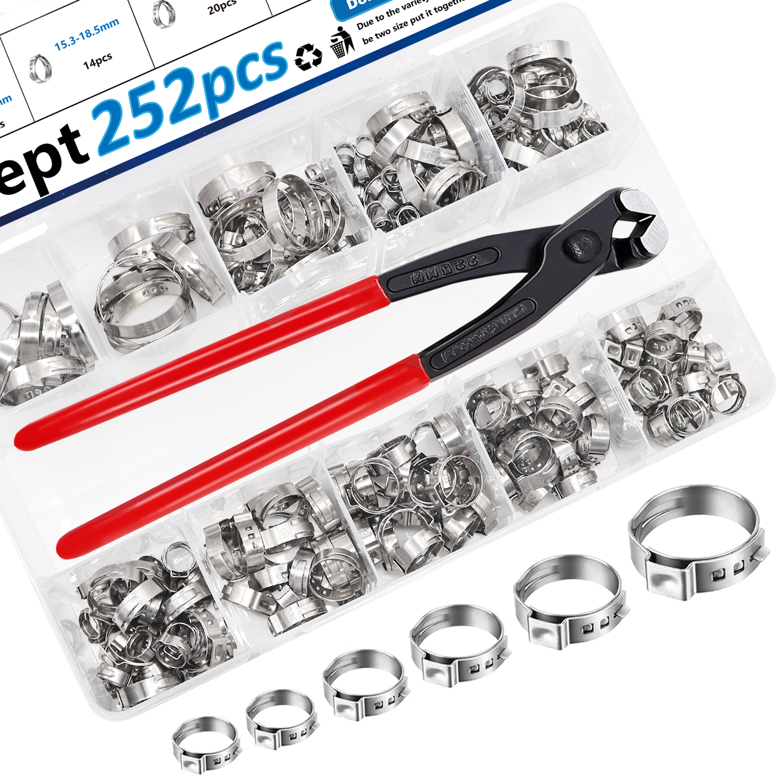 Image of 252Pcs 14-Sizes 304 Stainless Steel Single Ear Hose Clamps with Ear clamp plier 5.3-33.1mm Crimp Hose Clamps Assortment Kit for Auto /Home Appliance /Pipe /Fuel Line Stepless hose clamp with pincer