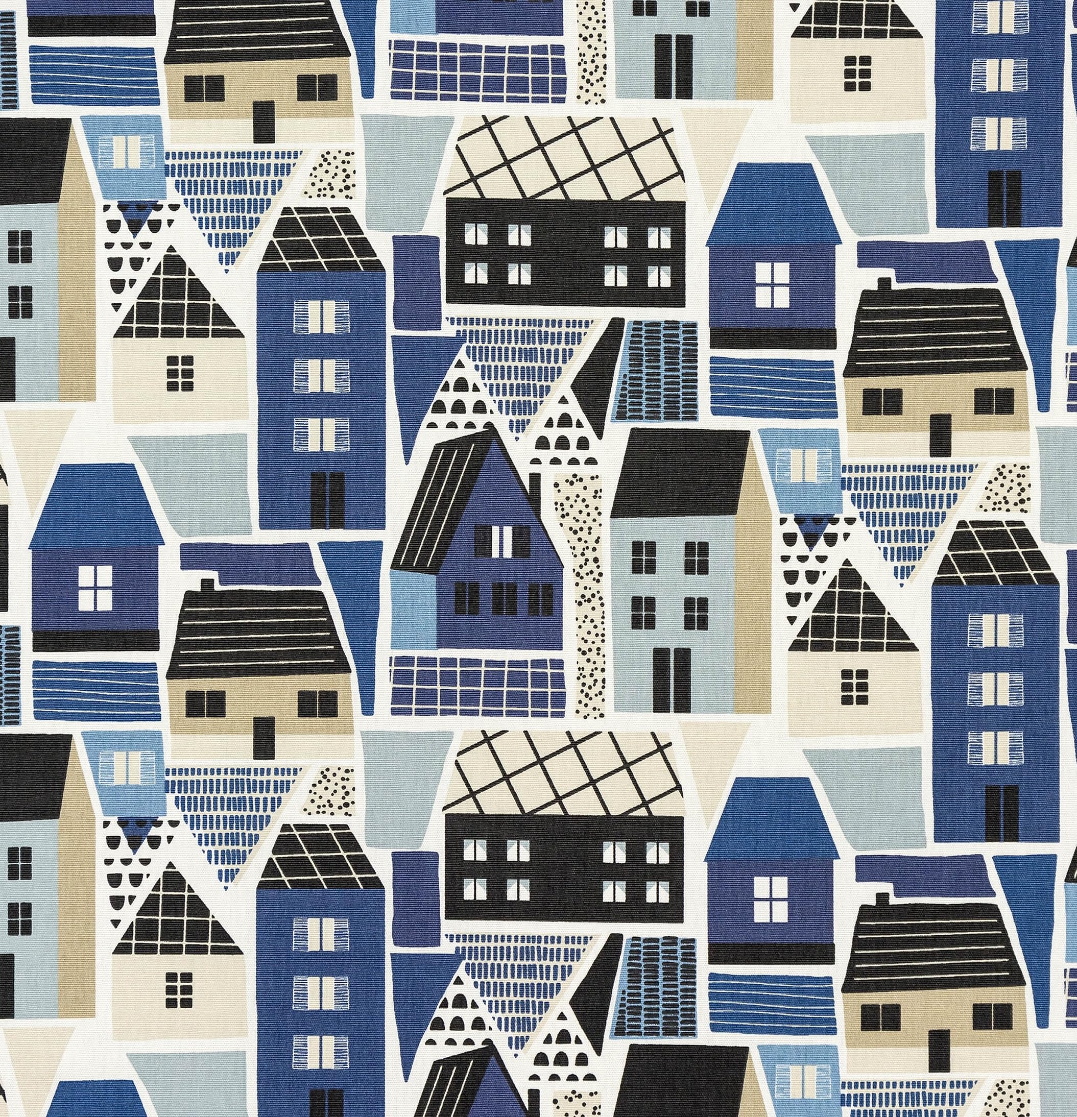 Fryett's Cotton Curtain Upholstery Fabric - Clovelly Seaside Houses Cottages Blue & Cream Print - Width 140cm - Home Furnishings Craft Projects Material Per Metre