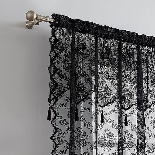 Warm Home Designs Par de cortinas de encaje negro con cenefa adjunta y 6 borlas por panel Cortinas negras transparentes de 96 pulgadas de largo