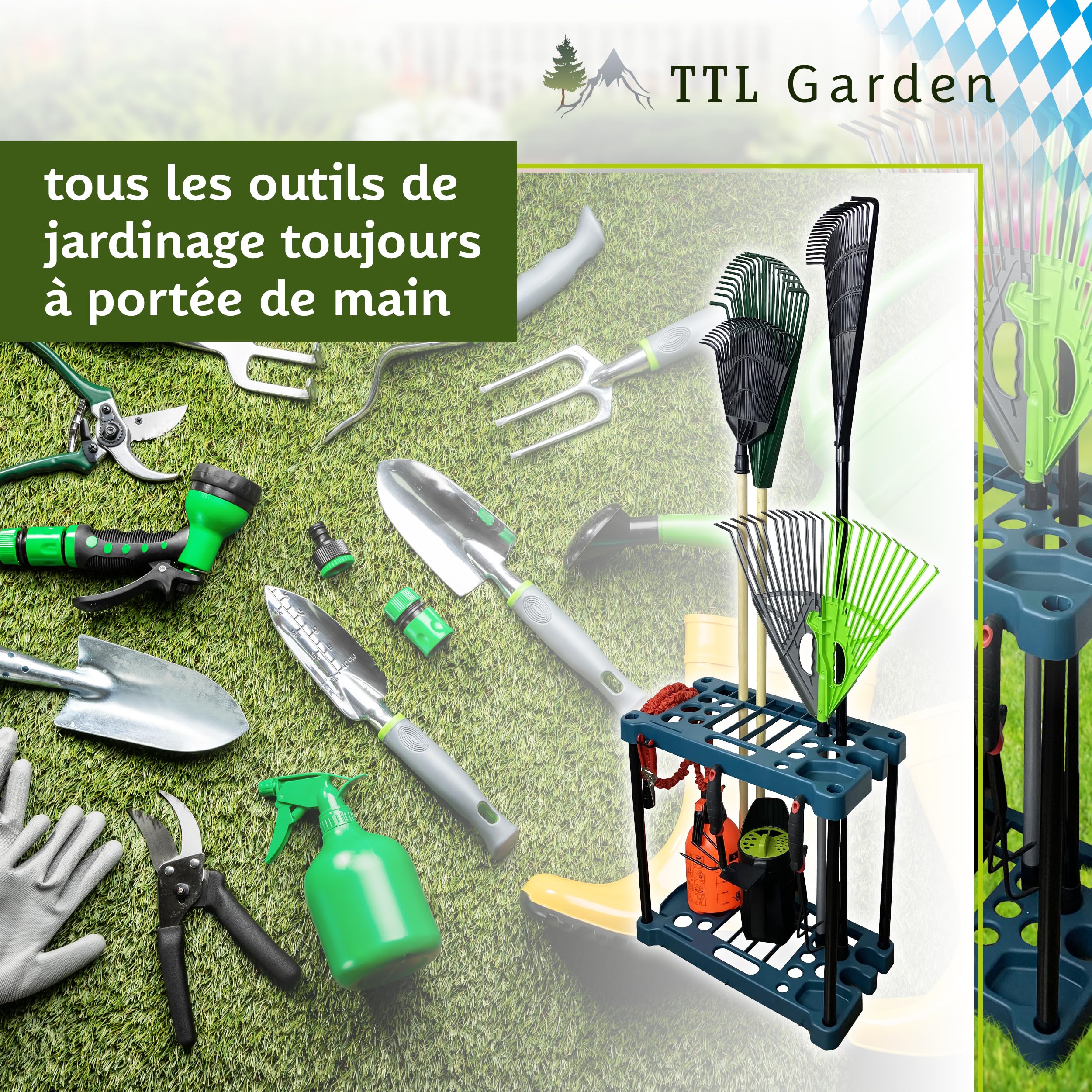 TTL Commerce Garden Support rectangulaire outils de jardin 61x58x31cm 28 compartiments Support et organiseur le rangement balais,bêches,râteaux et outils de jardin,abri de jardin et garage Vert/Noir