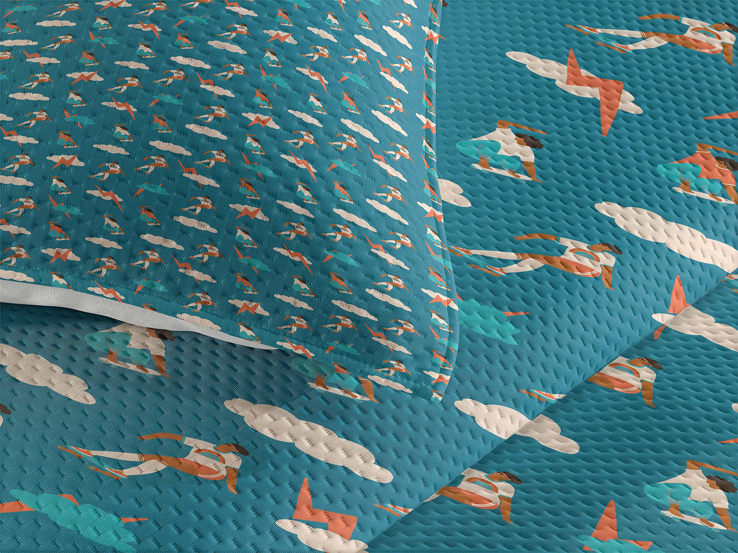 Ambesonne Skateboarding Coverlet, Repeated Pattern of Boy Motifs Making Moves on Skateboard Clouds, 3 Piece Decorative Quilted Bedspread Set with 2 Pillow Shams, Queen Size, Teal Sienna