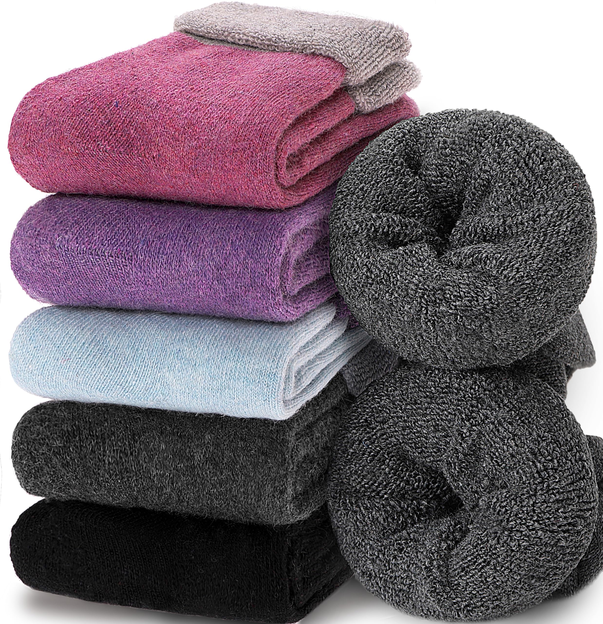 EBMORE Womens Merino Wool Socks Thermal Thick Warm Winter Cosy Boot Work Gift Stocking Fillers Women Hiking Walking Ladies Socks 5 Pairs(Turn Cuff Purple)