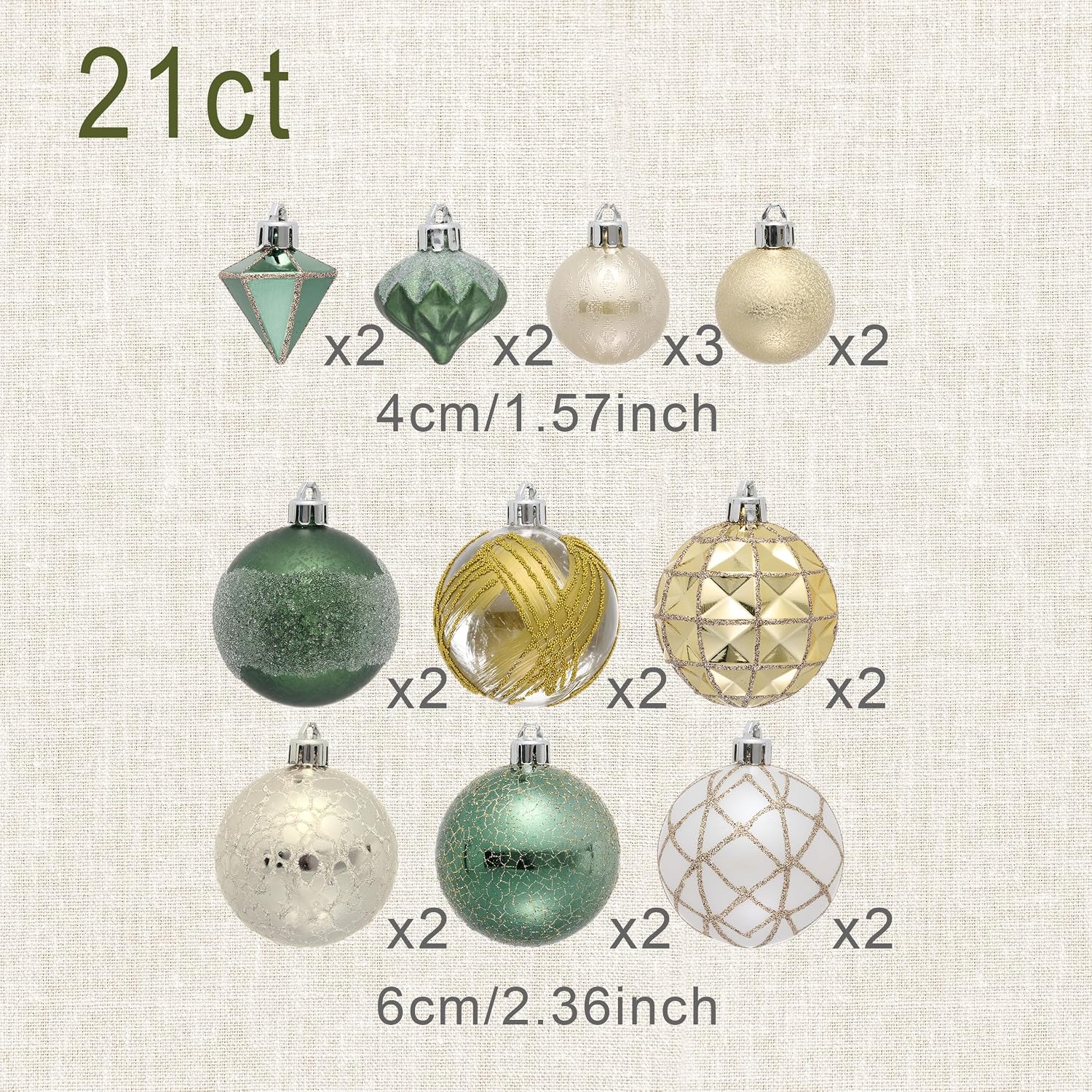 DecorbyHannah Christmas Ornaments Set Decorations, 21ct Green and Gold Emerald Vintage Christmas Tree Ornaments, Shatterproof Plastic Decorative Hanging Ball Bulk for Xmas Holiday Indoor Party Decor