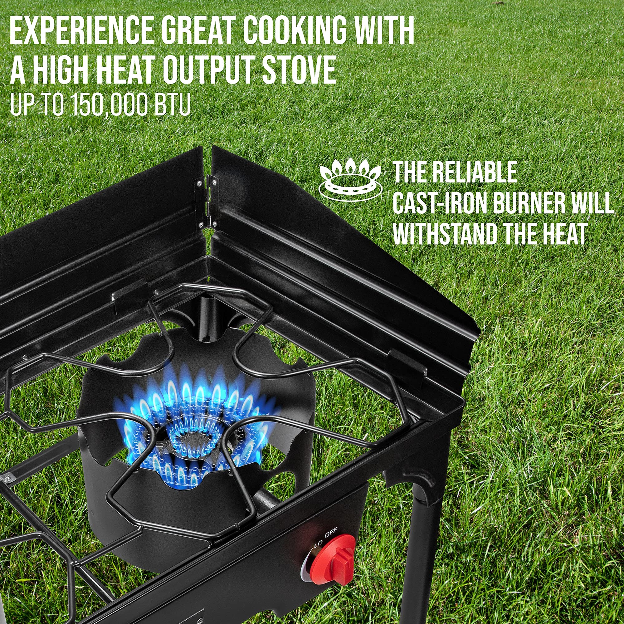 Amazon.com: Hike Crew Cast Iron Double-Burner Outdoor Gas Stove | 150,000  BTU Portable Propane Cooktop w/Blue Flame Control, Removable Legs,  Temperature Control Knobs, Wind Panel, Hose, Regulator u0026 Storage Case :  Sports