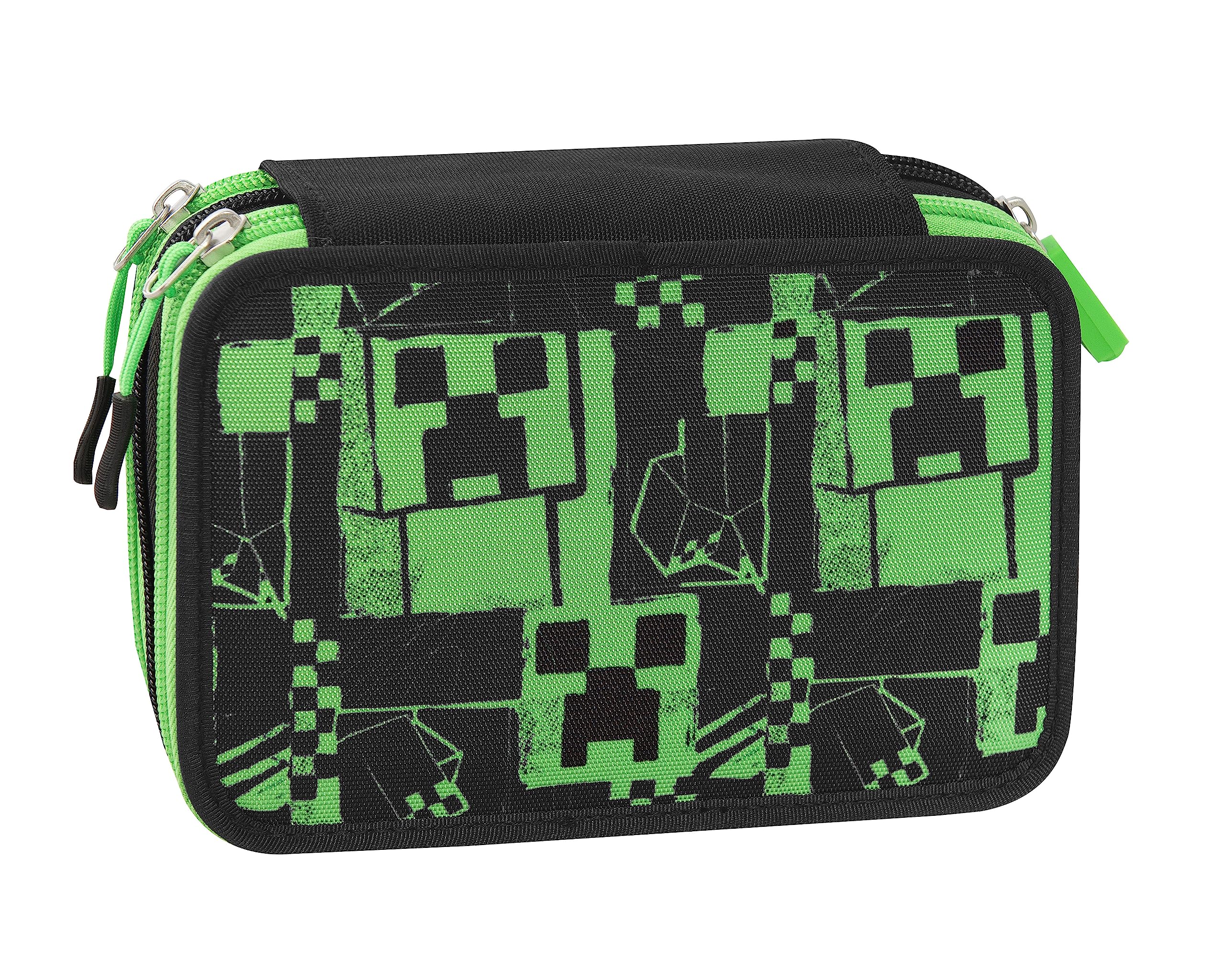 Franco Cosimo Panini Minecraft - Trousse à 3 Compartiments pour Fille et Enfant avec Papeterie Scolaire intégrée et Compartiments Porte-Stylo + Stylo effaçable – Grande Trousse Scolaire, Vert – 20 x