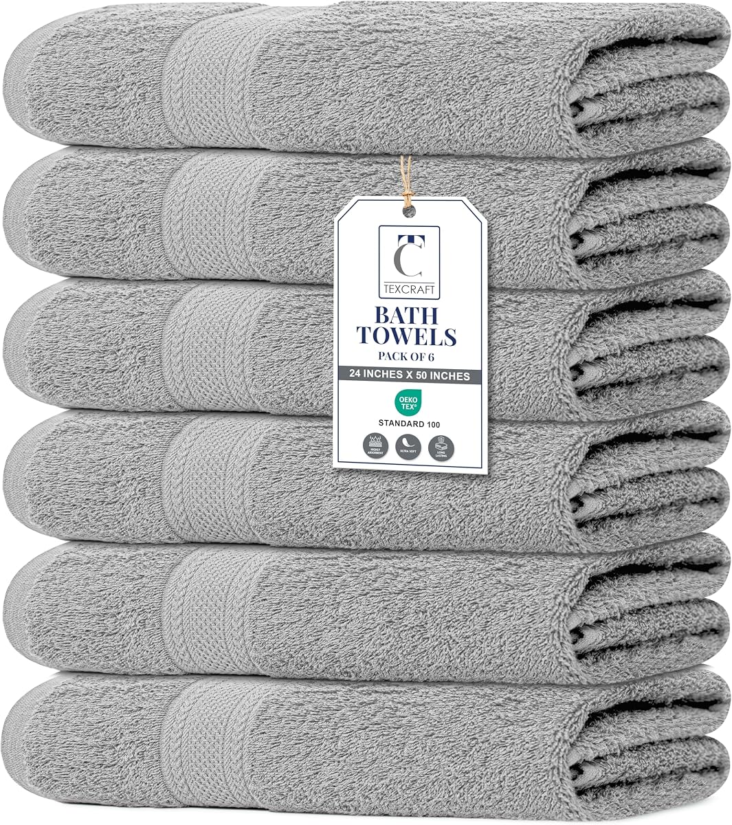 Juego de 6 toallas de baño grandes – 100% felpa de algodón – 24" x 50" – Secado rápido, suaves y altamente absorbentes – Toallas gris claro para baño, gimnasio, spa, piscina y uso diario