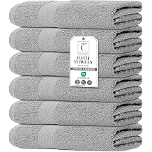 Large Bath Towels Set of 6 100% Cotton Terry 24" x 50" Quick Dry, Soft & Highly Absorbent Light Grey Towels for Bathroom, Gym, Spa, Pool & Daily Use
