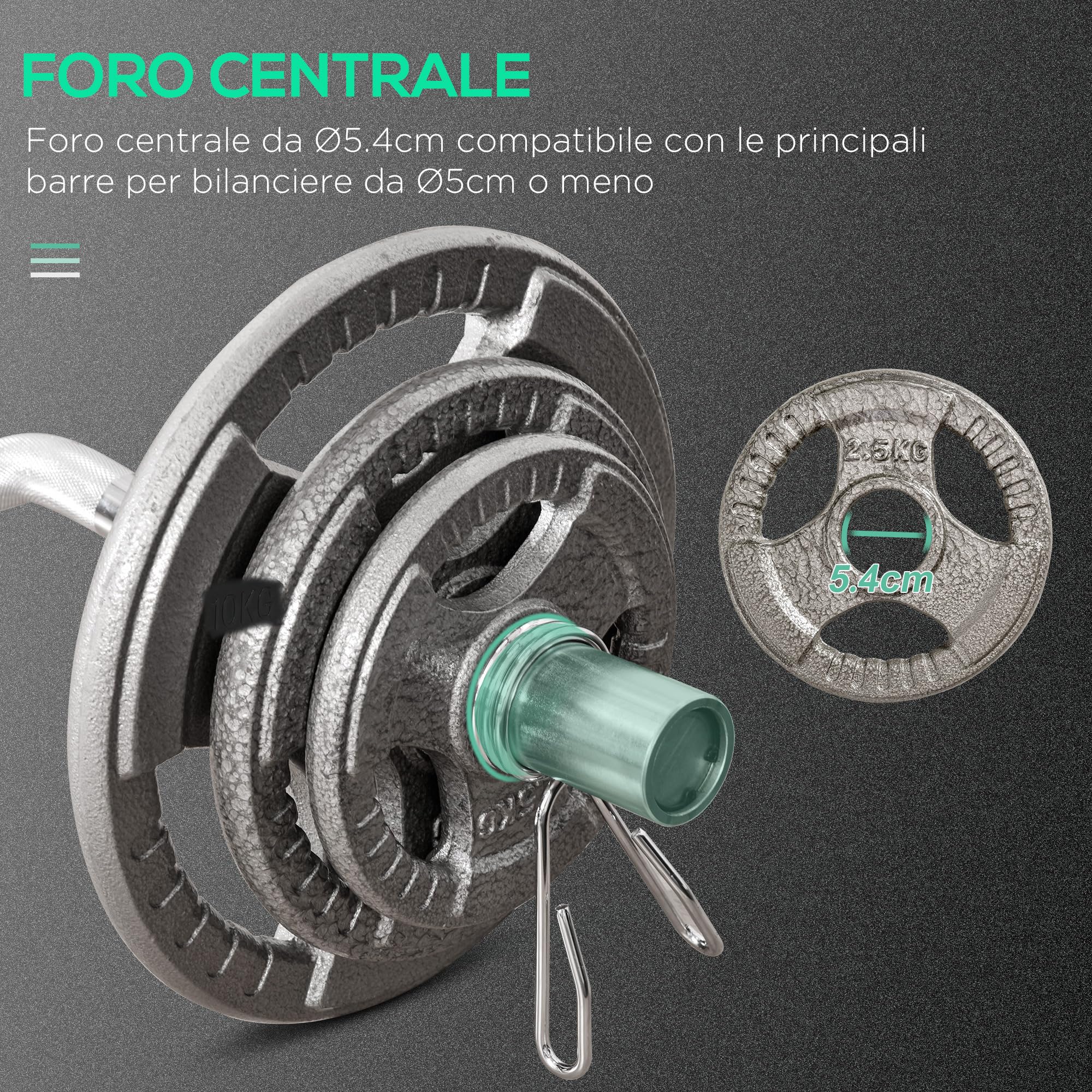 HOMCOM Set di 6 Dischi Pesi per Bilanciere e Manubri 2.5-35KG, Dischi palestra in Acciaio con Foro 50 cm, Ideali per Bilancieri Olimpionici, Argento