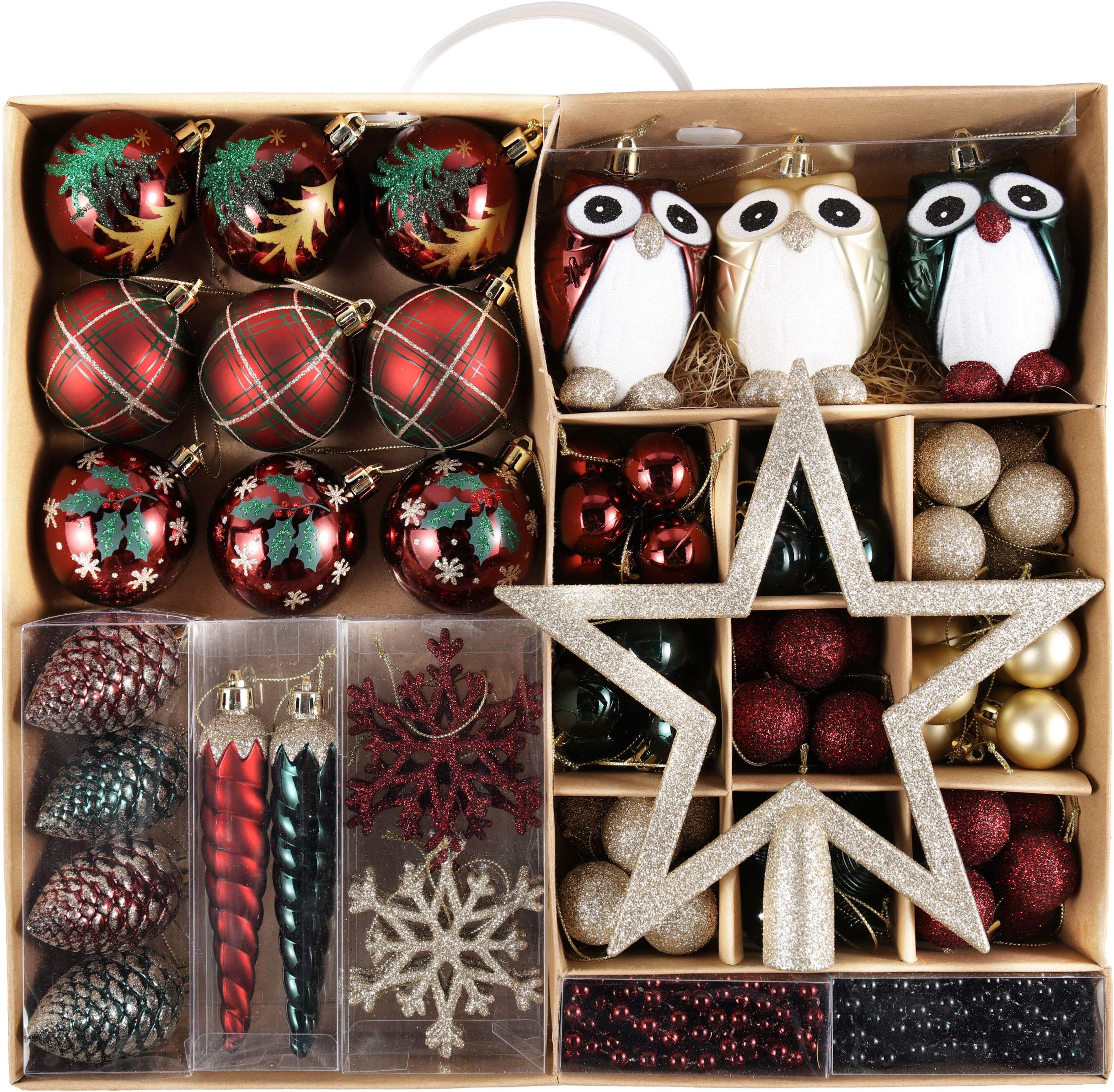 Valery Madelyn Christmas Baubles for Traditional Christmas Tree Decorations,90pcs 3-12cm Country Red Green and Gold Christmas Ball Ornaments for Christmas Tree Decorations