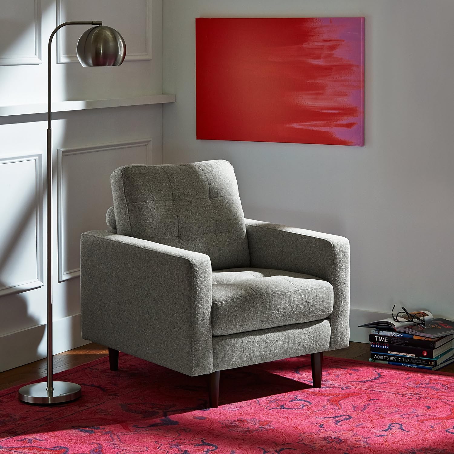 Amazon Brand – Rivet Cove Mid-Century Modern Tufted Living Room Accent Chair, 32.7"W, Light Grey