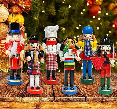 Miniatura 4 de Juego de 6 adornos de cascanueces de Navidad, figuras de cascanueces de madera pintadas de 5 pulgadas, cascanueces navideños, muñeca soldado,
