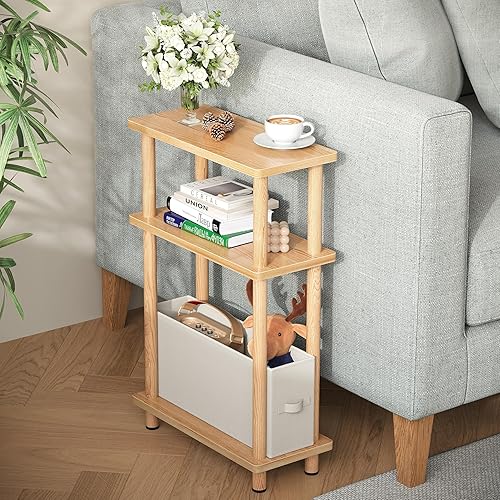 Vista 11 de Apicizon - Mesa auxiliar pequeña y estrecha, mesa auxiliar delgada de 3 niveles con estante de almacenamiento, mesita de noche estrecha para Negro