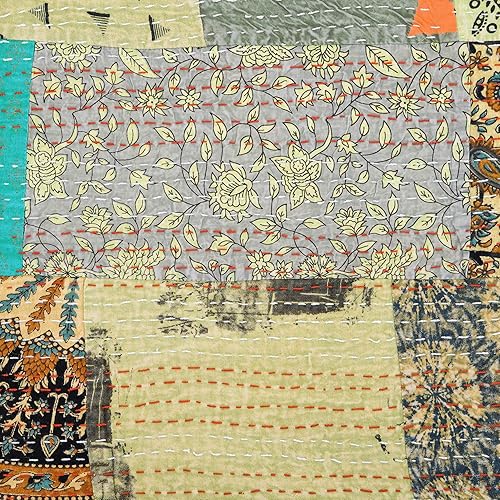 Vista 36 de Marubhumi Edredón tradicional indio de algodón puro, estampado de cachemira, colcha Kantha multicolor (multicolor-22, individual (60 x 90 pulgadas)