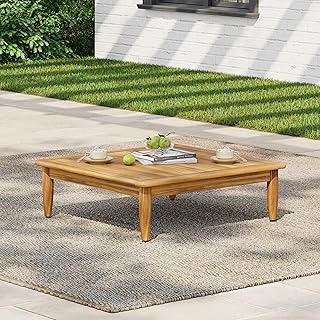 Scott Living Dessa Outdoor Coffee Table, Acacia Wood Slats Panel Support Tabletop, Wooden Frame, Rustic Design, Acacia Wood Drink Desk, Square Coffee Table for Patio Poolside Balcony Garden, Teak