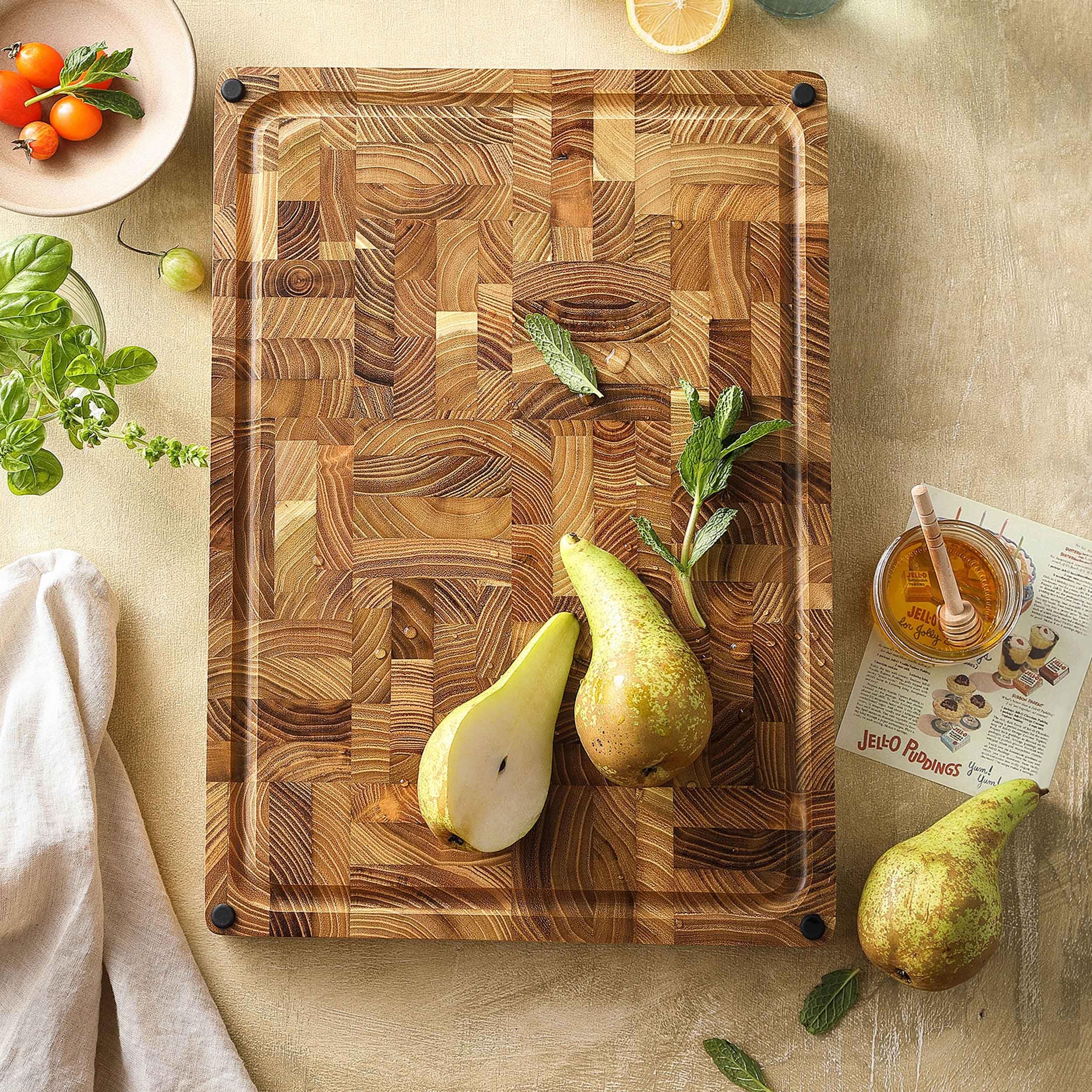 zayiko Teak Stirnholz Schneidebrett 43 × 30,5 × 3,5 cm | aus massivem Teakholz | mit beidseitiger Nutzung & Würfelmuster | für Fleisch, Gemüse, Brot & Käse | für Hobby- & Profiköche