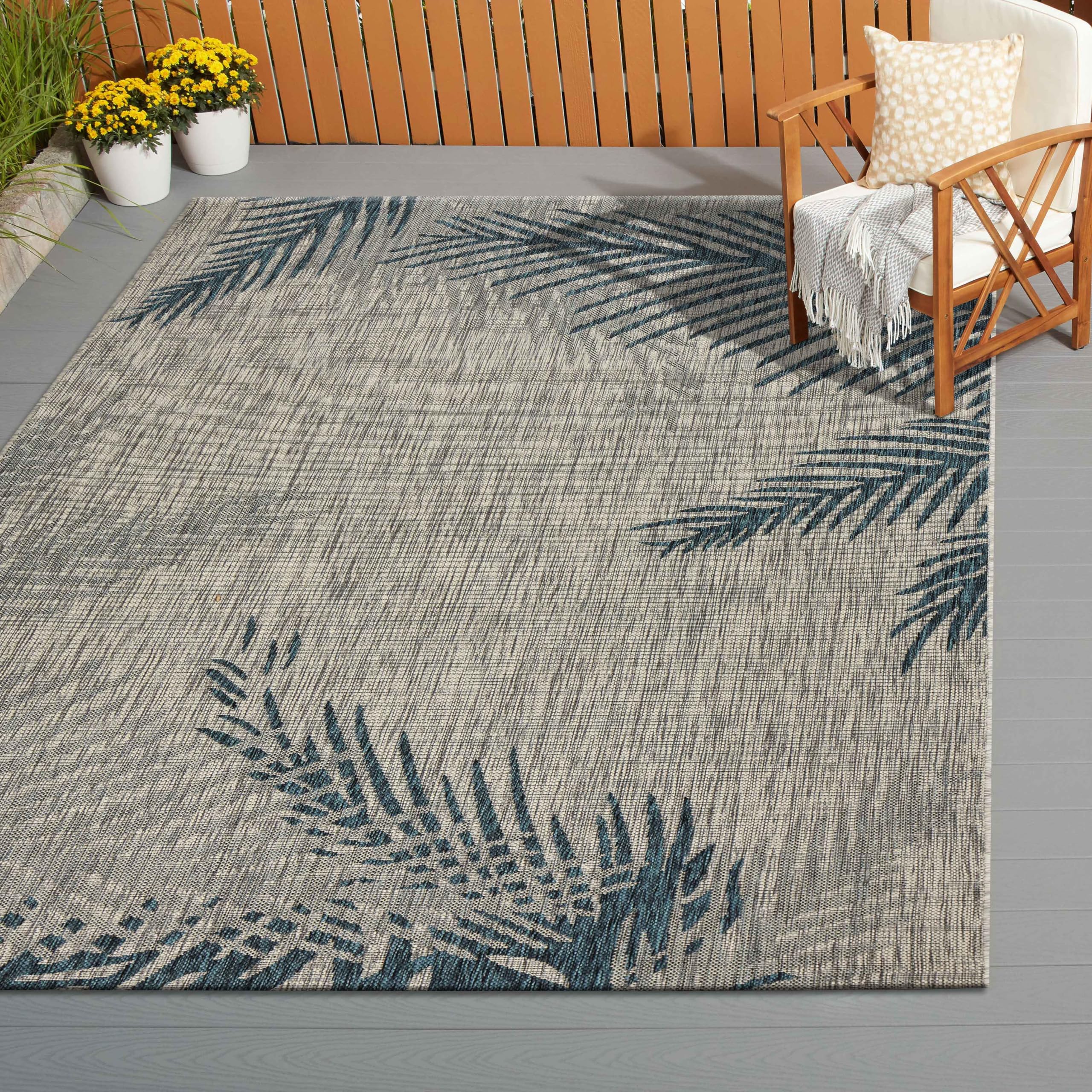 LR Home Captiva 5x7 Indoor/Outdoor Area Rug for Home Decor | Coastal Palm Leaf Carpet for Living Room, Bedroom, Playroom, Patio, Garden | Modern Farmhouse Rug | Blue/Beige