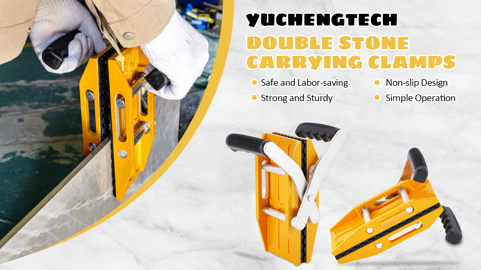 YUCHENGTECH 2PCS Double Handed Stone Carrying Clamps, Granite Handing Tools, Lifting Tools For Granite Stone Quartz Worktops Slabs Marble, With Rubber- Lined (0.2-2in) 440lbs Loaded, Yellow