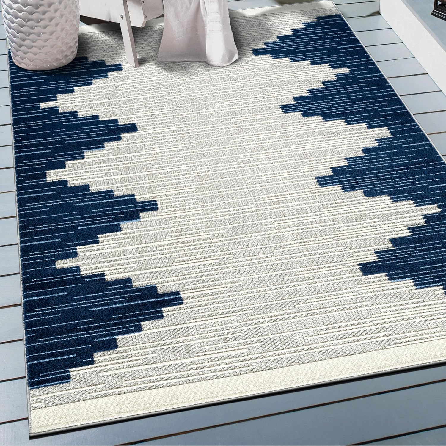 Rugshop Indoor/Outdoor High-Low Textured Area Rug, Geometric Bohemian, Easy-Clean Patio Rug for Porch Deck Balcony 4' x 6' Dark Blue