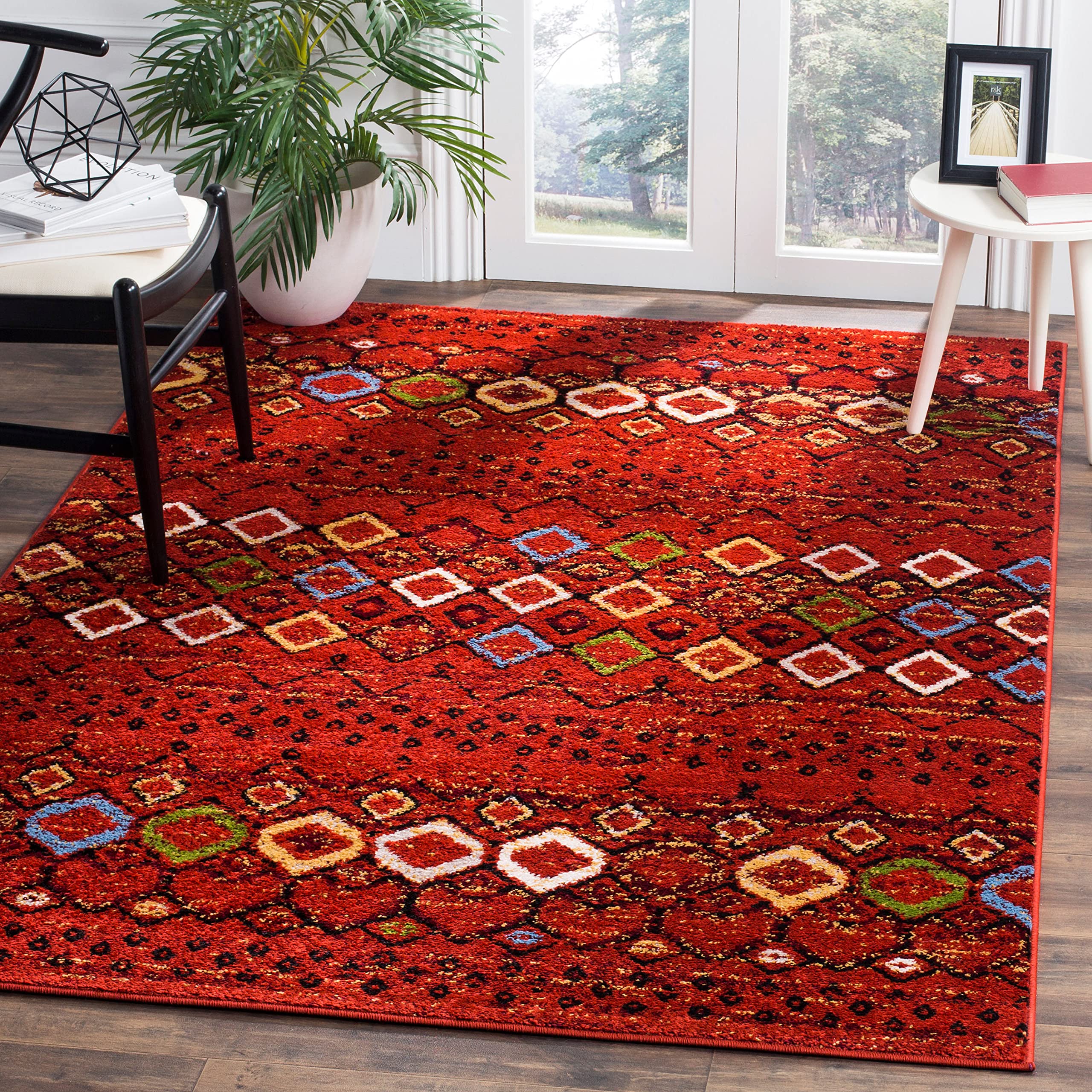 SAFAVIEH Tapis Boho pour Salon, Salle à Manger, Chambre à Coucher - Amsterdam Collection, Tapis à Poil Court, Rouge Terracotta et Multi, 122 X 183 cm