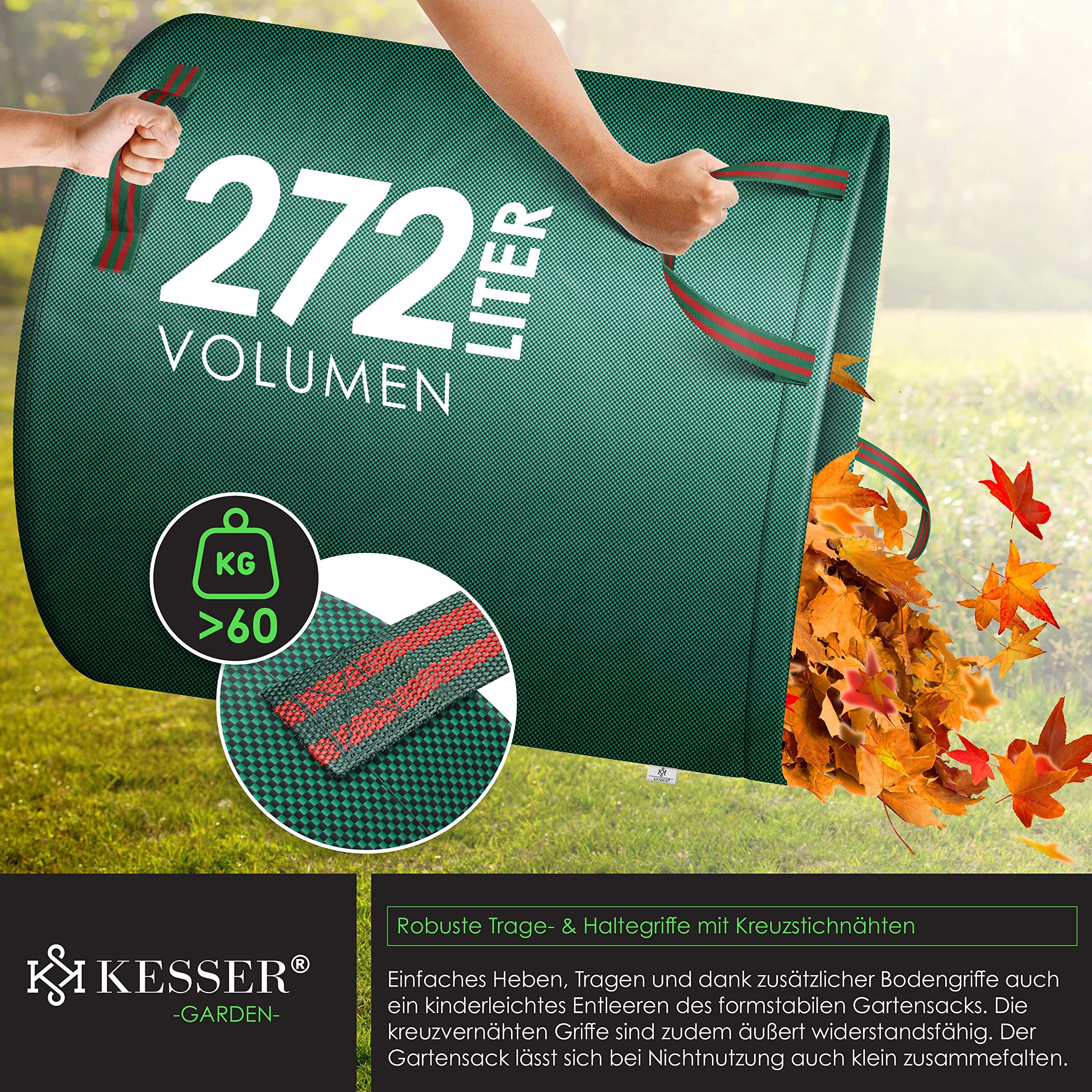 KESSER® Set di sacchi per foglie Sacco per rifiuti da giardino incl. Guanti, Robusto e pieghevole, Sacchi per foglie e l'erba tagliata Sacchi per rifiuti da giardino, 3x 272 Litri, Verde