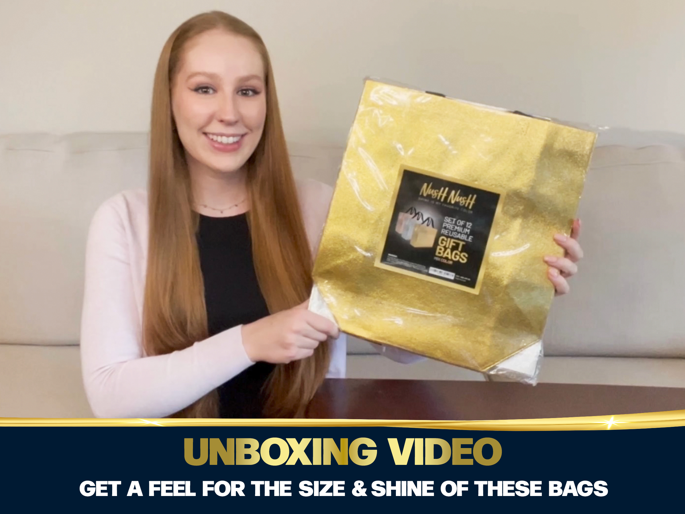 Nush Nush Large Gold Reusable Gift Bags With Handles - Set of 15, Bulk, Christmas, Birthday, Party Favor Bags - 13Wx5Dx11H