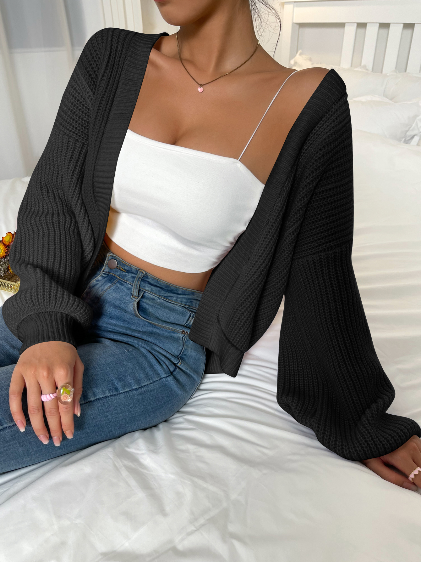 SHENHE Women's Color Block Open Front Long Sleeve Ribbed Knit