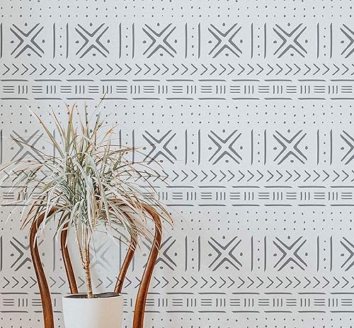 PINKIPO® 【2 Pack】, Mudcloth, Large WALL STENCIL, Modern Geometric Wall Stencils for Painting, Stencils For Walls, Tribal Wall Stencil Pattern